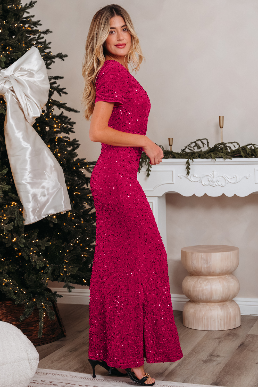 Pitaya Pink One Shoulder Thigh High Split Bodycon Sequin Gown view 3