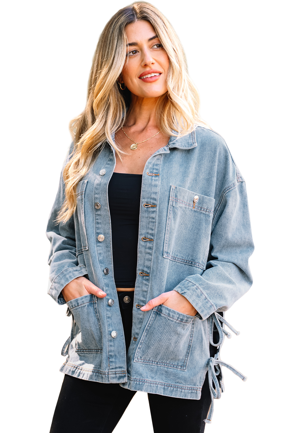 Beau Blue Multi Patched Pockets Side Tie up Boyfriend Style Denim Jacket view 20