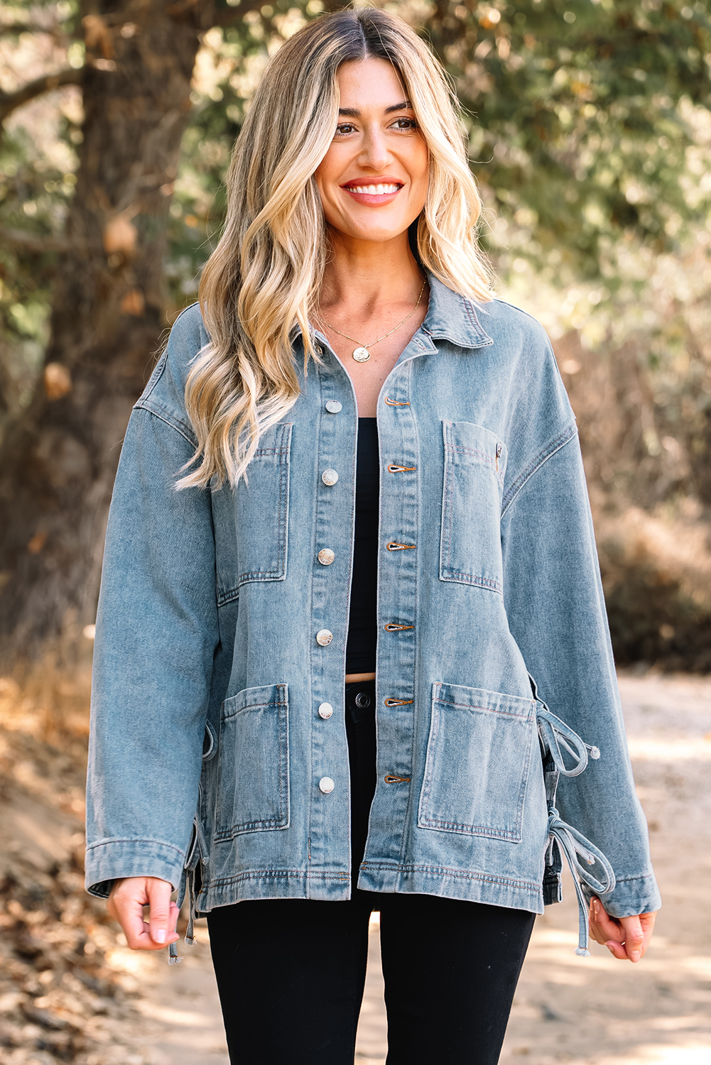 Beau Blue Multi Patched Pockets Side Tie up Boyfriend Style Denim Jacket view 4