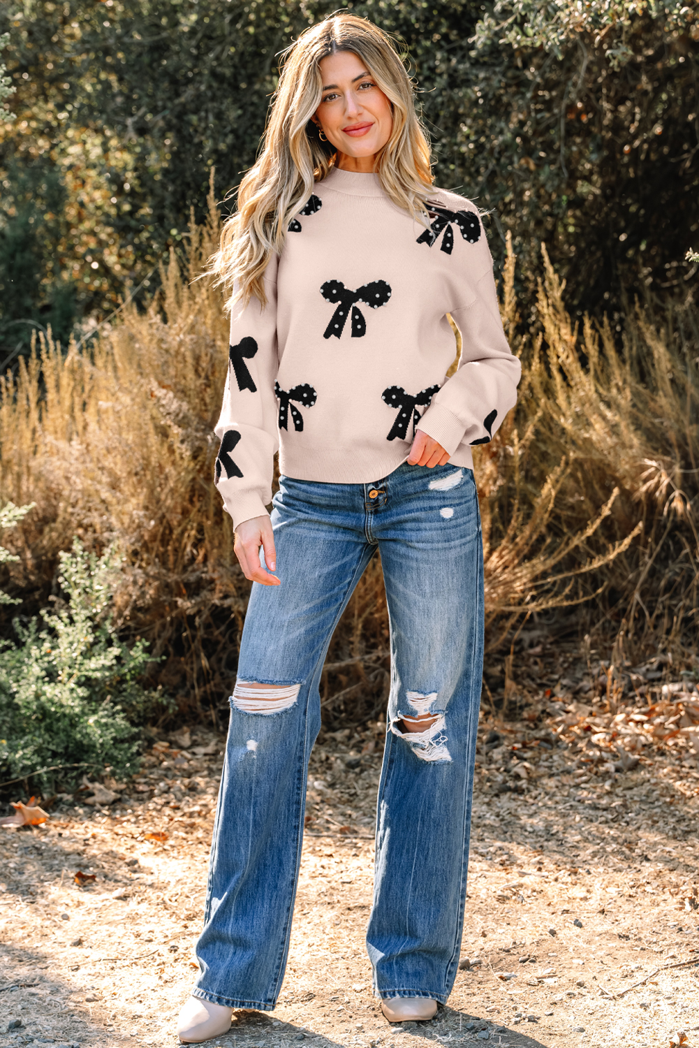 Smoke Gray Pearl Embellished Bow Pattern Loose Sweater view 4