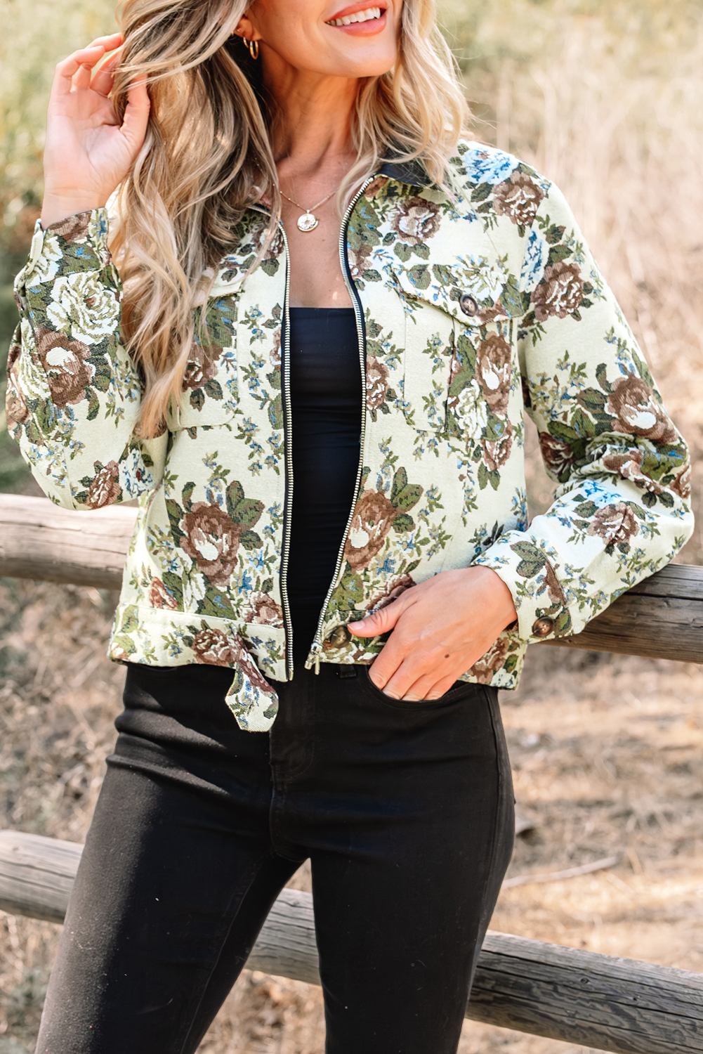 Khaki Floral Print Zip Up Contrast Collared Jacket view 7