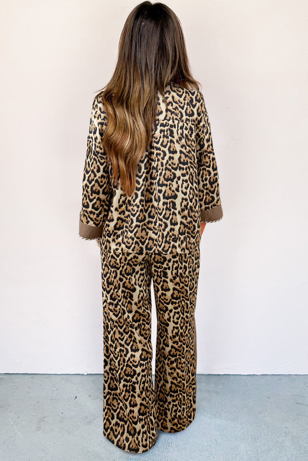 Brown Leopard Collared 3/4 Sleeve Shirt and Loose Pants Two Piece Outfit Set view 3