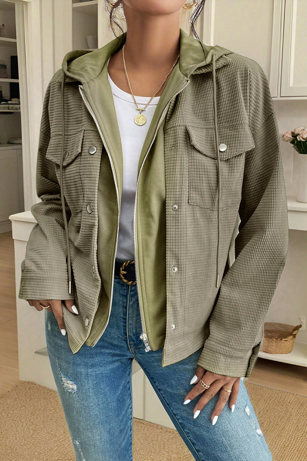 Laurel Green 2 in 1 Thermal Knit Textured Hooded Jacket view 9