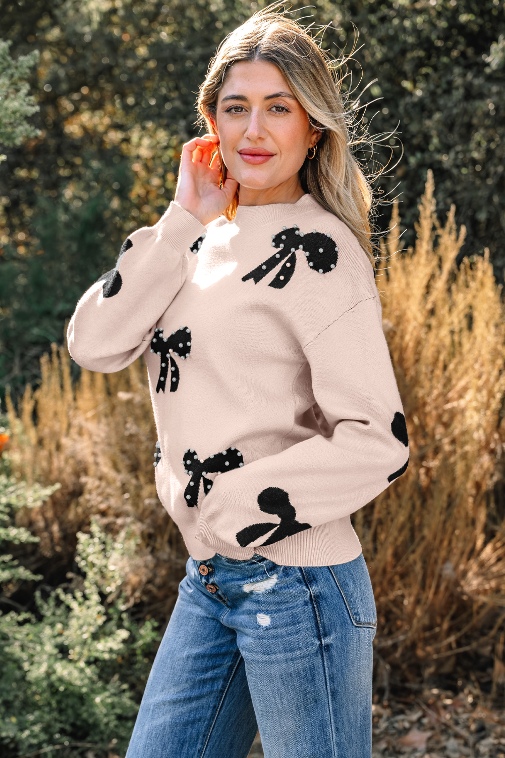 Smoke Gray Pearl Embellished Bow Pattern Loose Sweater view 3