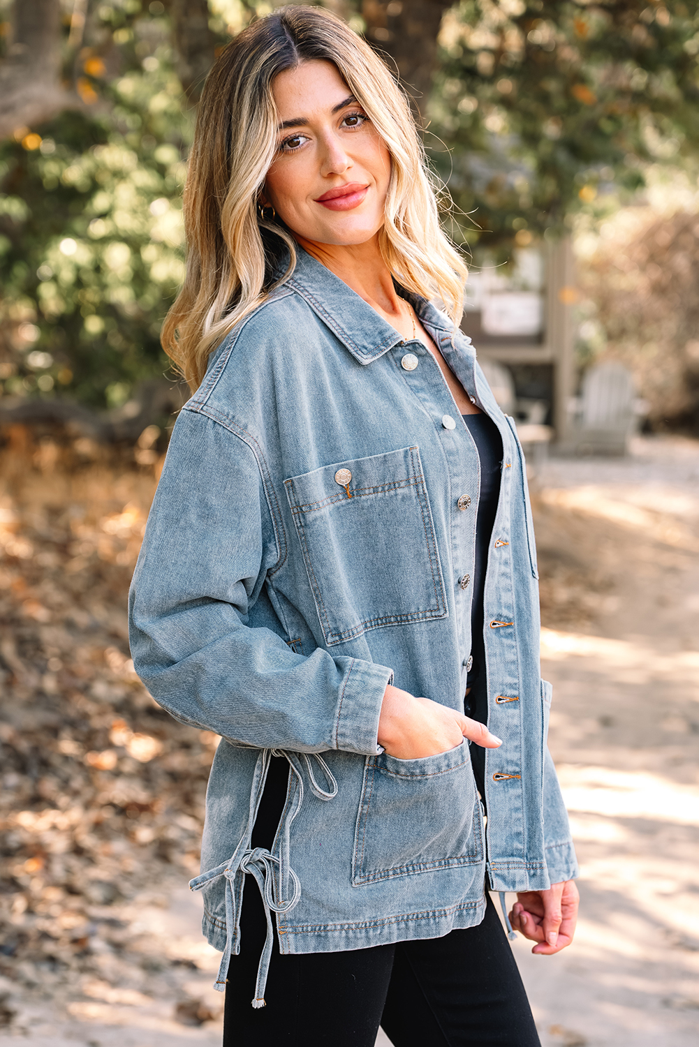 Beau Blue Multi Patched Pockets Side Tie up Boyfriend Style Denim Jacket view 3