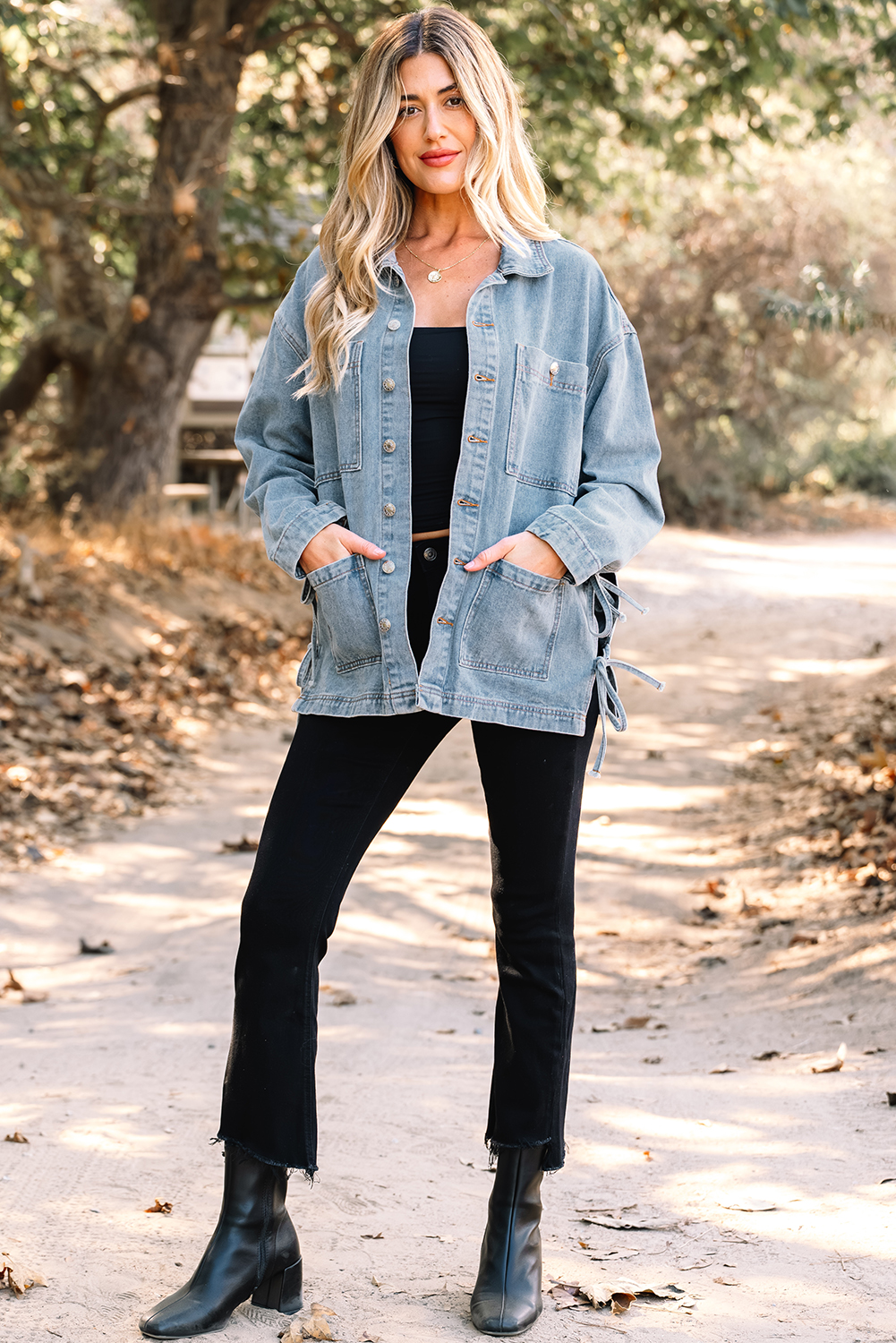 Beau Blue Multi Patched Pockets Side Tie up Boyfriend Style Denim Jacket view 6