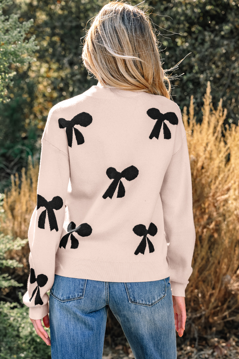 Smoke Gray Pearl Embellished Bow Pattern Loose Sweater view 2