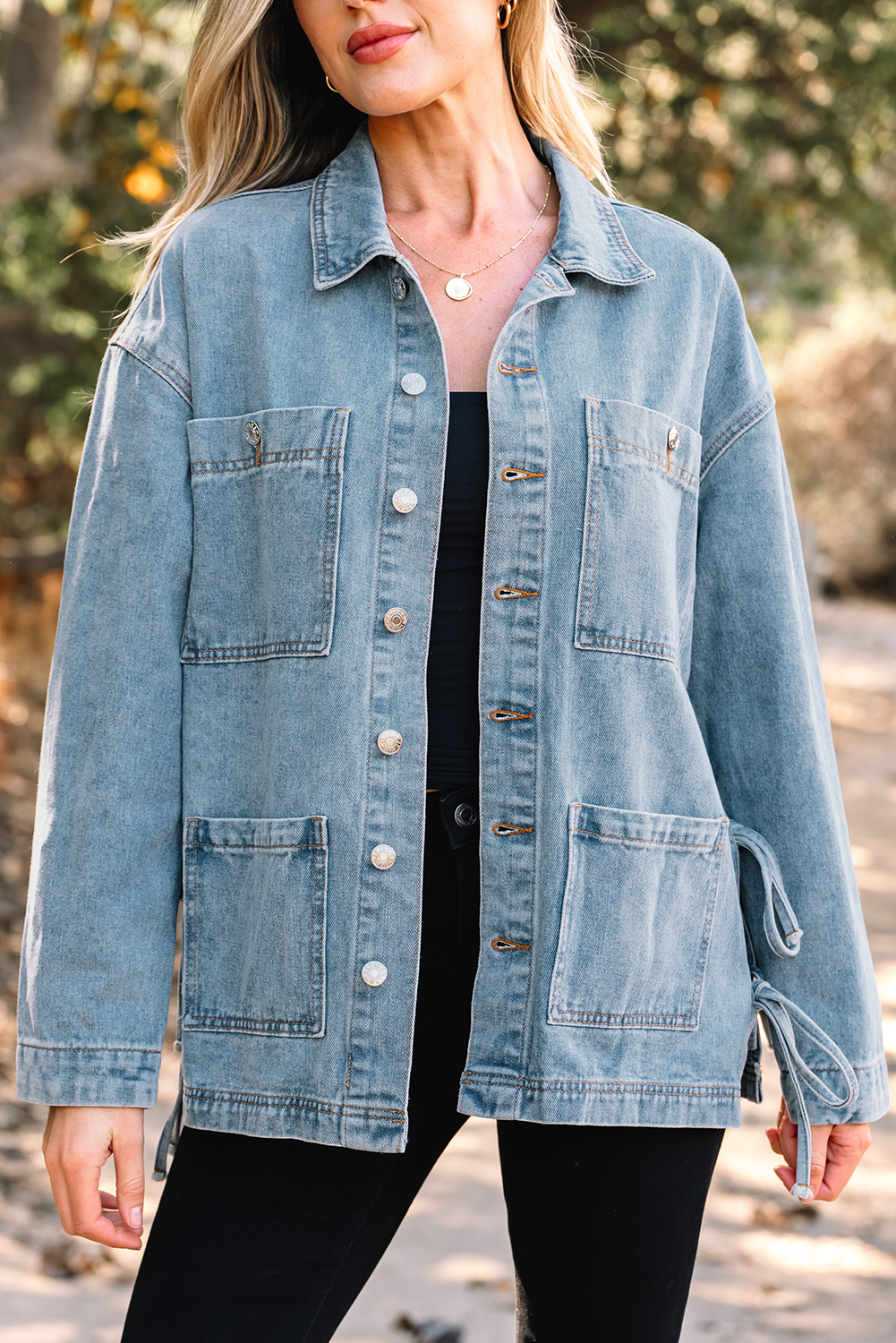 Beau Blue Multi Patched Pockets Side Tie up Boyfriend Style Denim Jacket view 8