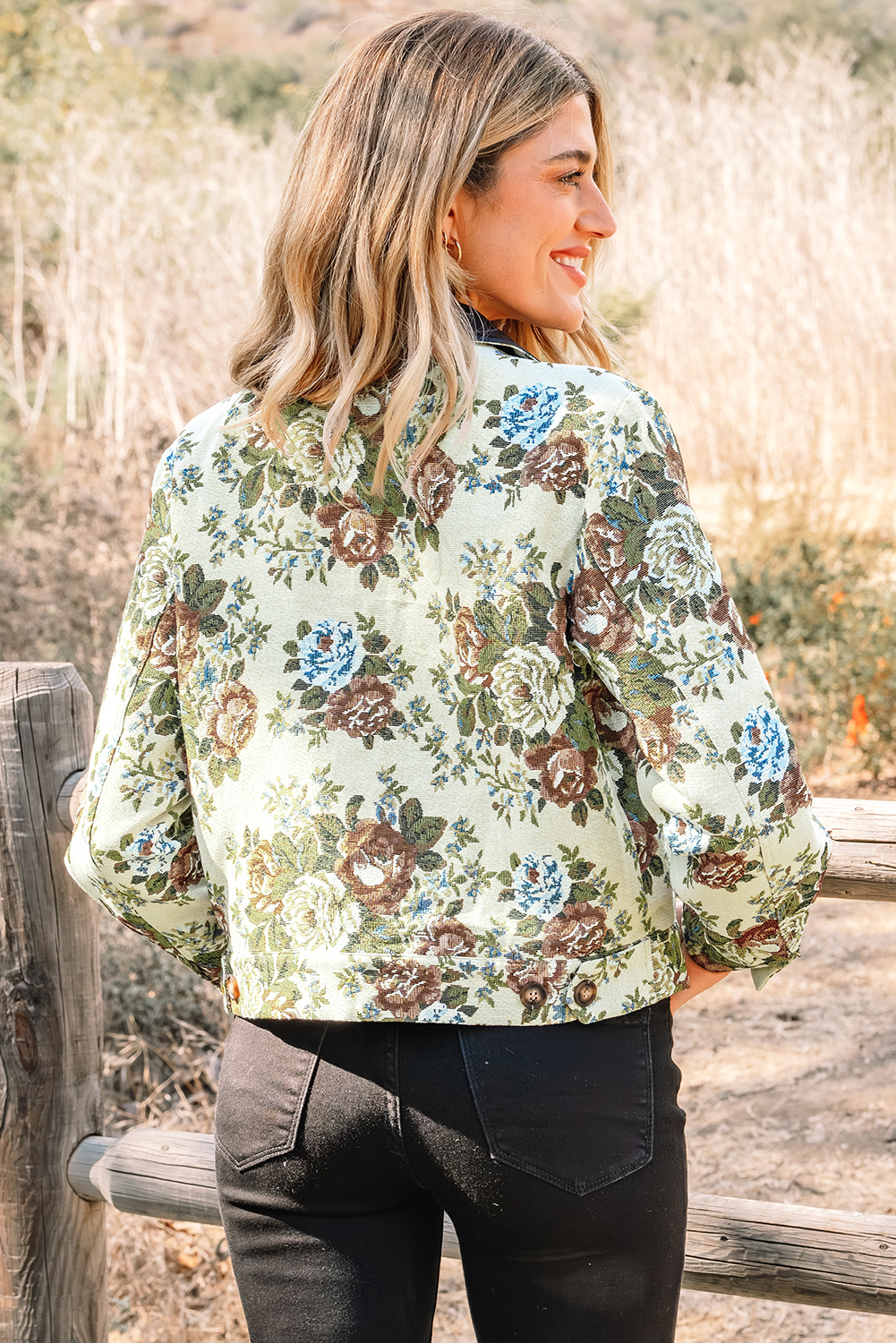 Khaki Floral Print Zip Up Contrast Collared Jacket view 2