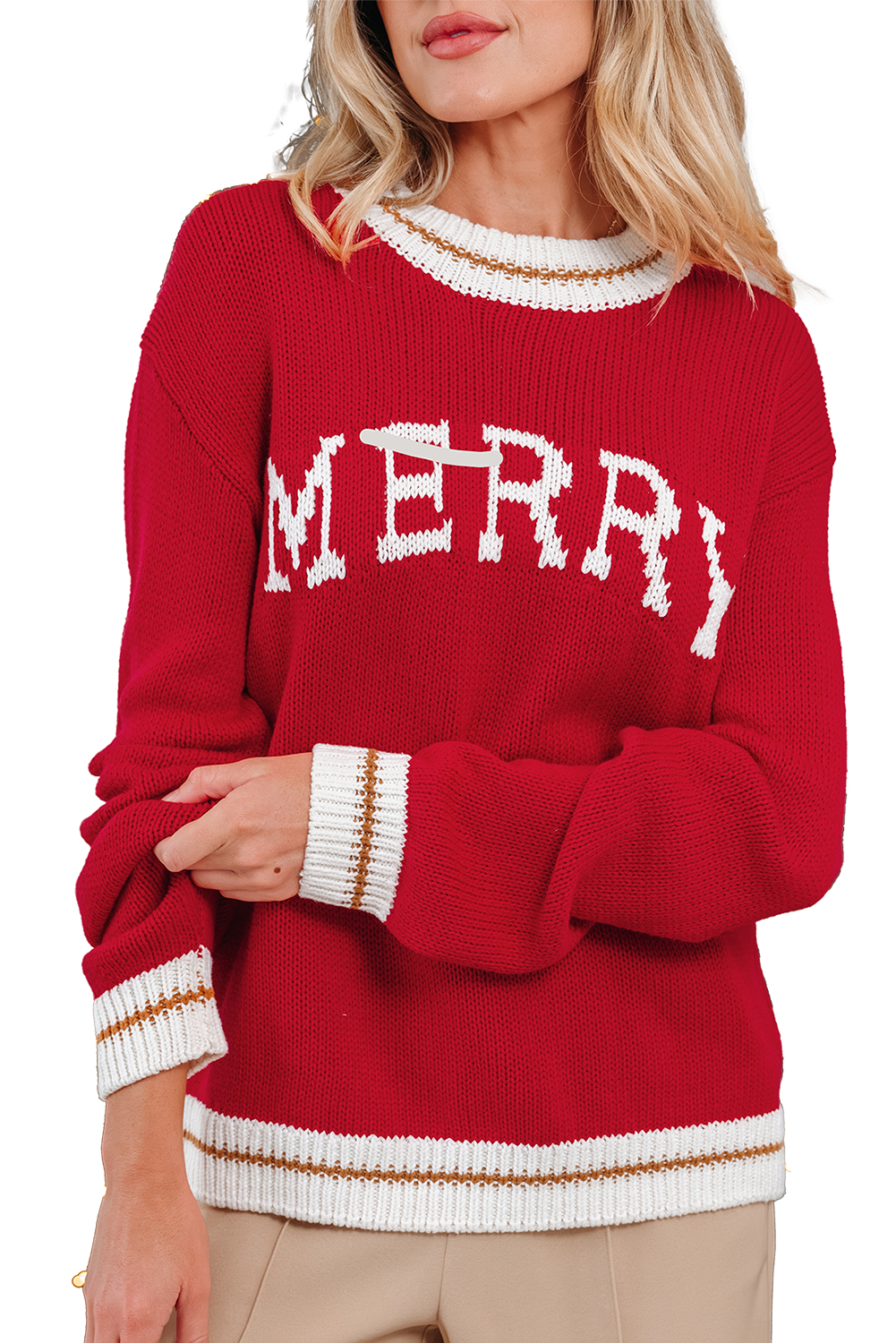Fiery Red MERRY Color Block Edge Drop Shoulder Cozy Sweater view 21