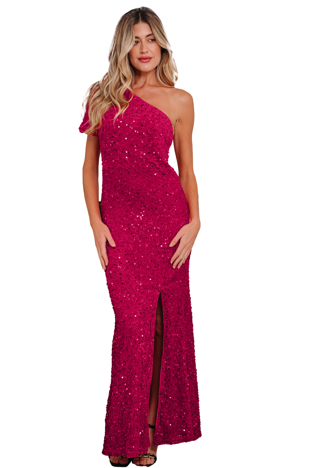 Pitaya Pink One Shoulder Thigh High Split Bodycon Sequin Gown view 22