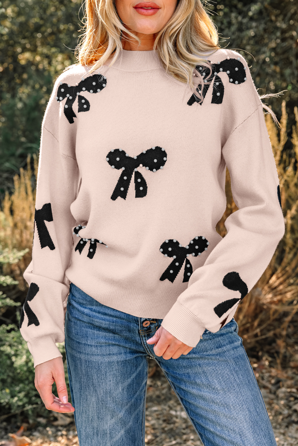 Smoke Gray Pearl Embellished Bow Pattern Loose Sweater view 6