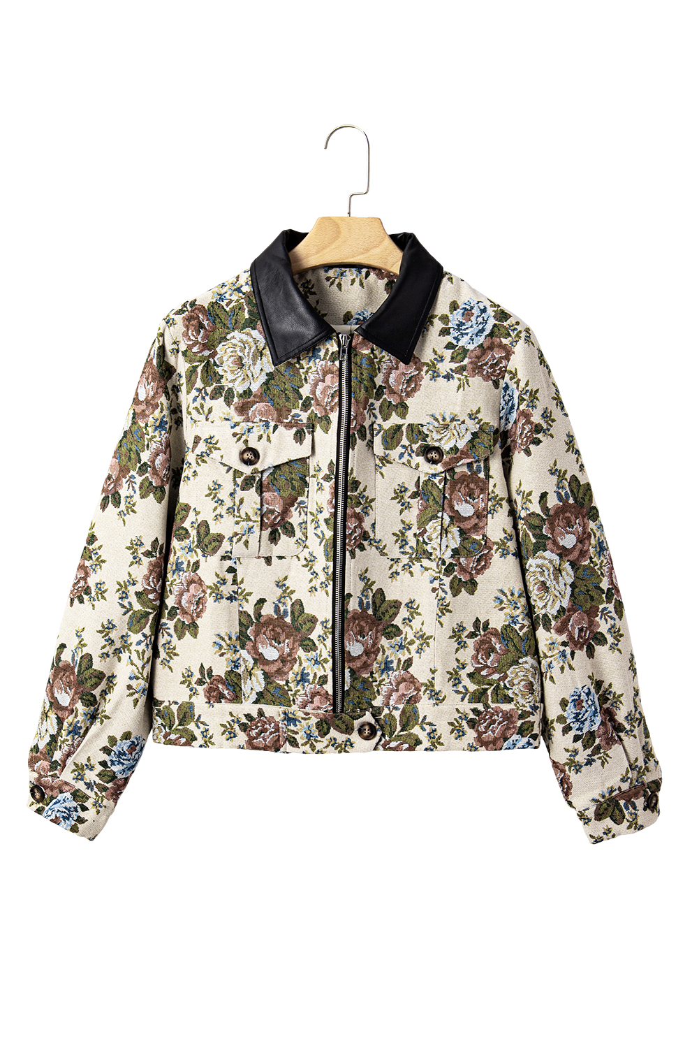 Khaki Floral Print Zip Up Contrast Collared Jacket view 20