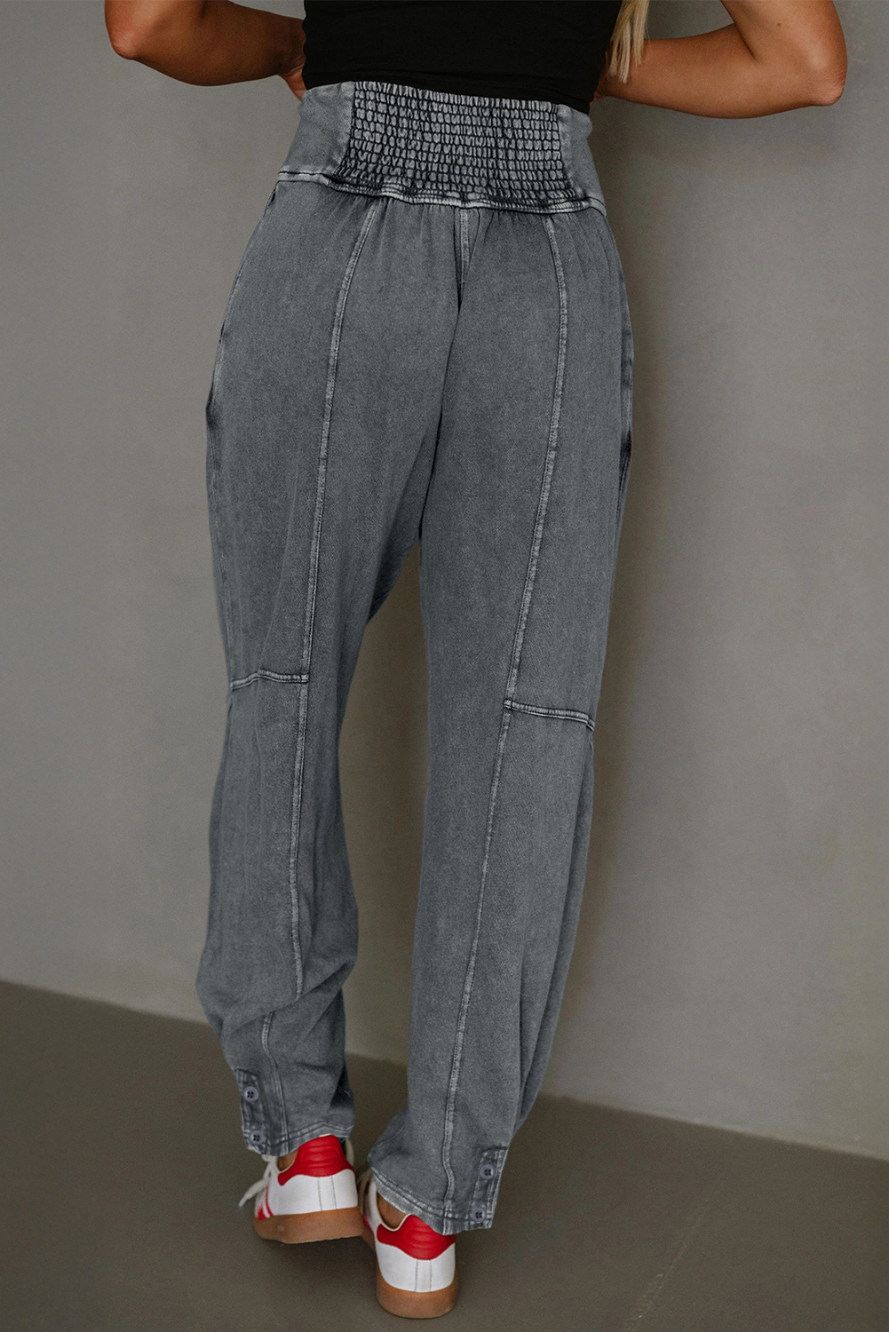 Medium Grey Mineral Wash Jogger Style High Waist Casual Pants view 2