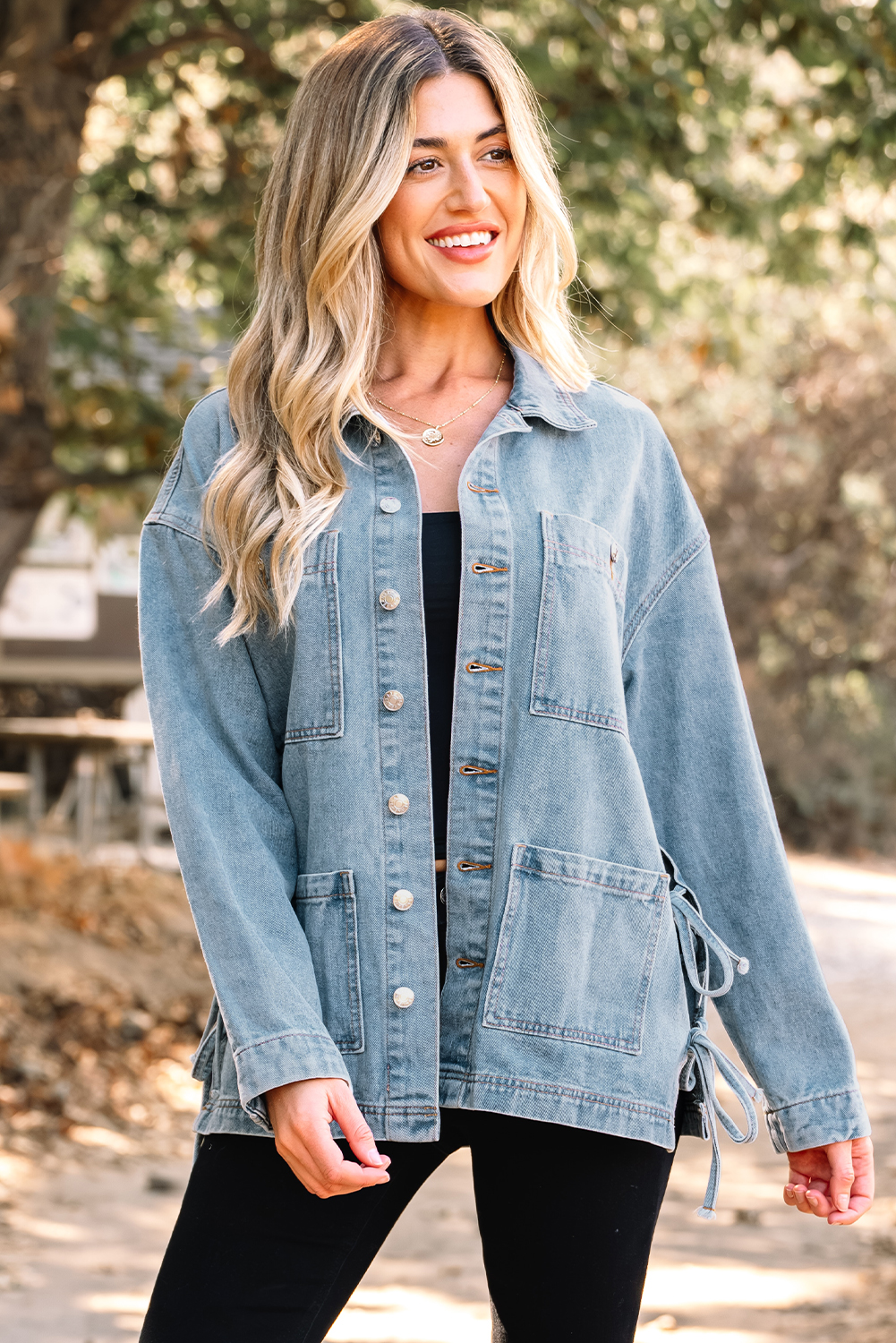 Beau Blue Multi Patched Pockets Side Tie up Boyfriend Style Denim Jacket view 5