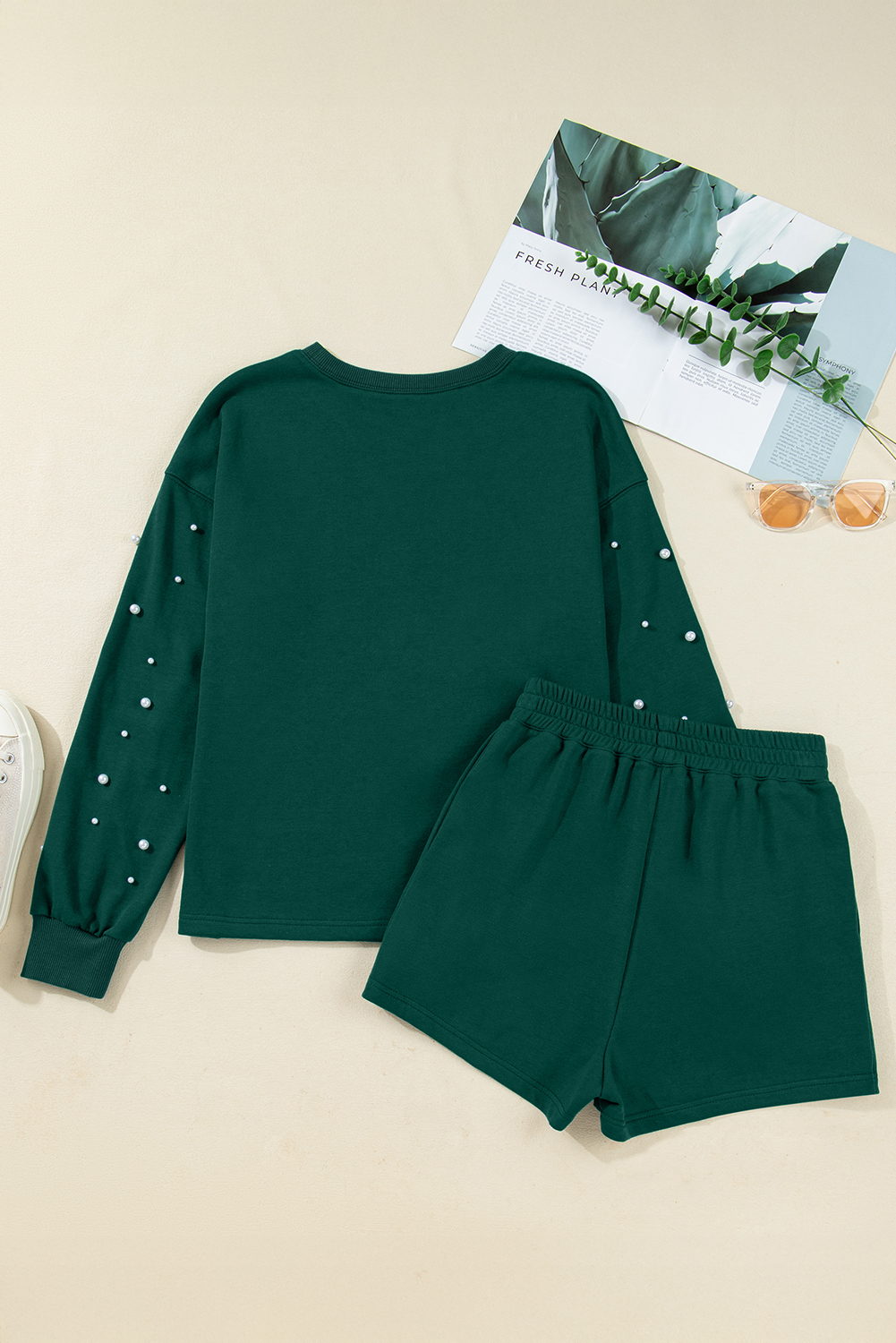 Dark Green Pearl Embellished Drop Shoulder Pullover Elastic Waist Mini Skirt Set view 12