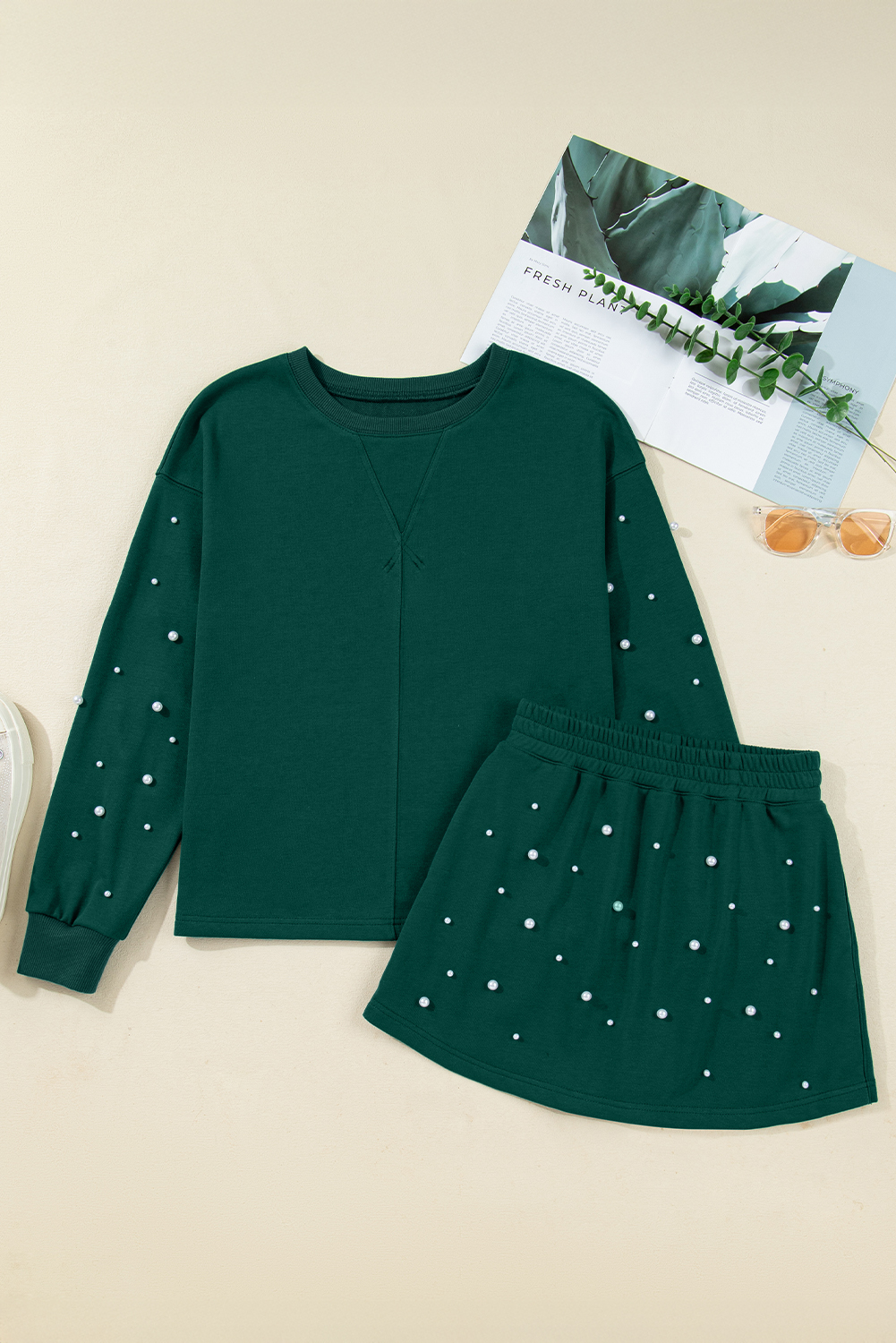 Dark Green Pearl Embellished Drop Shoulder Pullover Elastic Waist Mini Skirt Set view 11