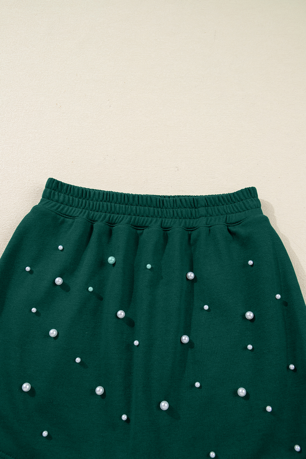 Dark Green Pearl Embellished Drop Shoulder Pullover Elastic Waist Mini Skirt Set view 17
