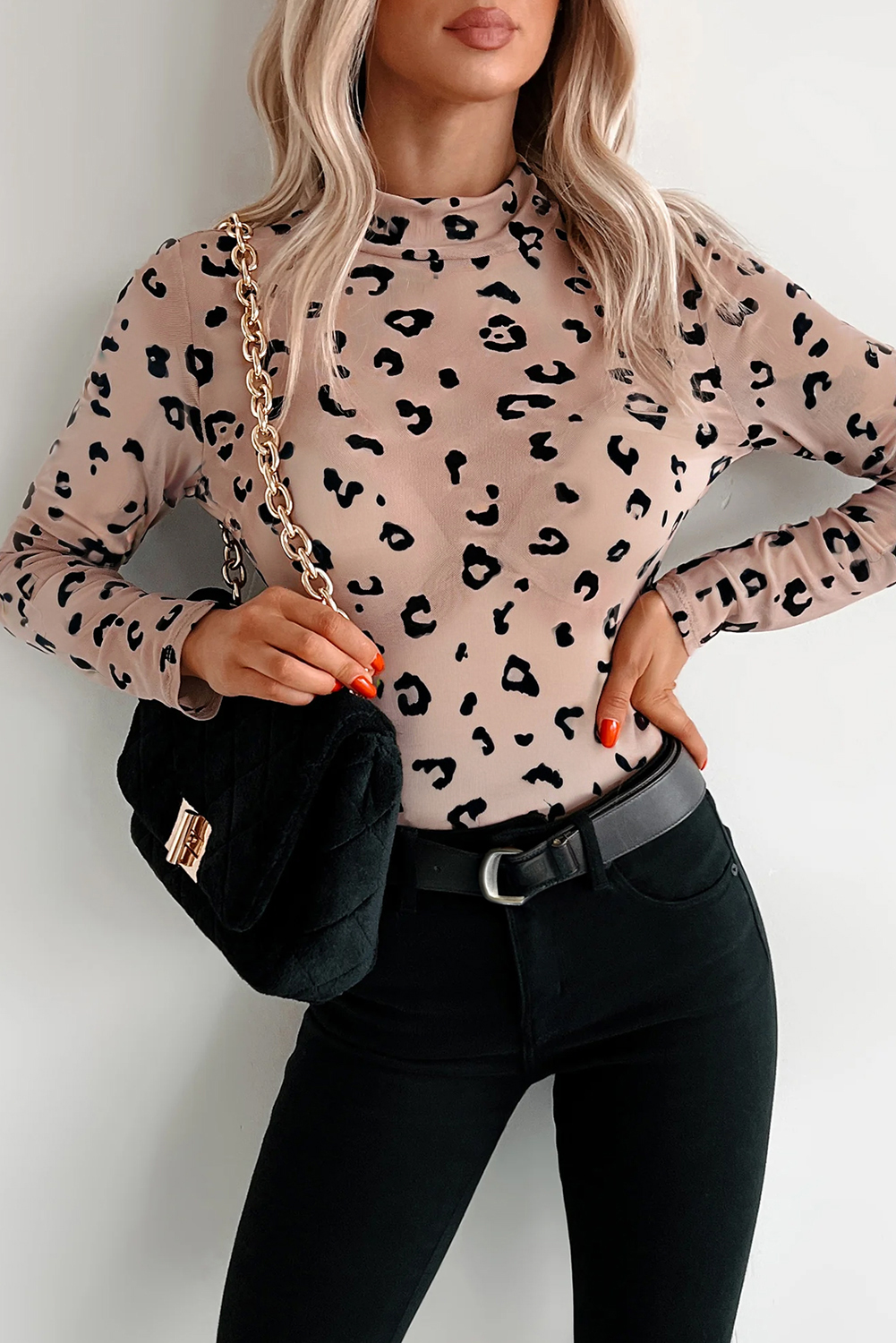 Khaki Mock Neck Sheer Mesh Leopard Long Sleeve Bodysuit view 9