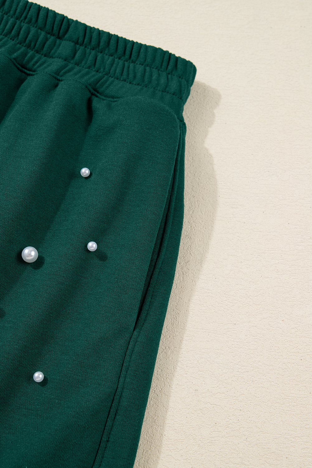 Dark Green Pearl Embellished Drop Shoulder Pullover Elastic Waist Mini Skirt Set view 15