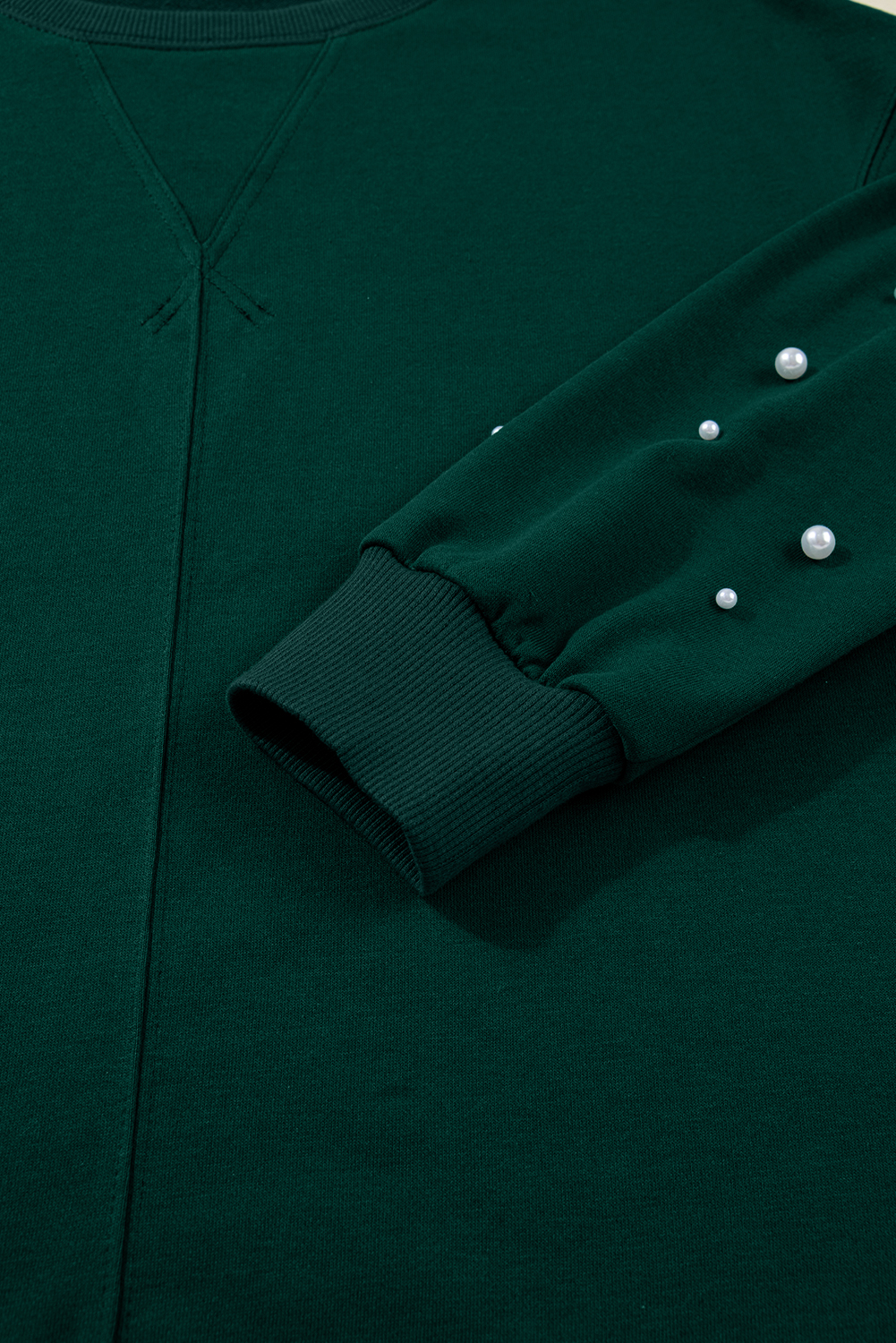 Dark Green Pearl Embellished Drop Shoulder Pullover Elastic Waist Mini Skirt Set view 21
