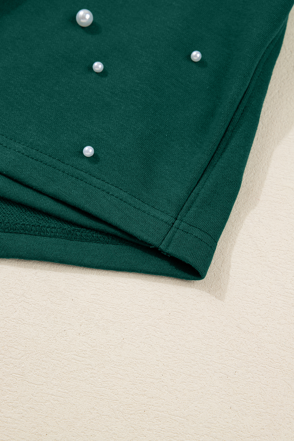 Dark Green Pearl Embellished Drop Shoulder Pullover Elastic Waist Mini Skirt Set view 16