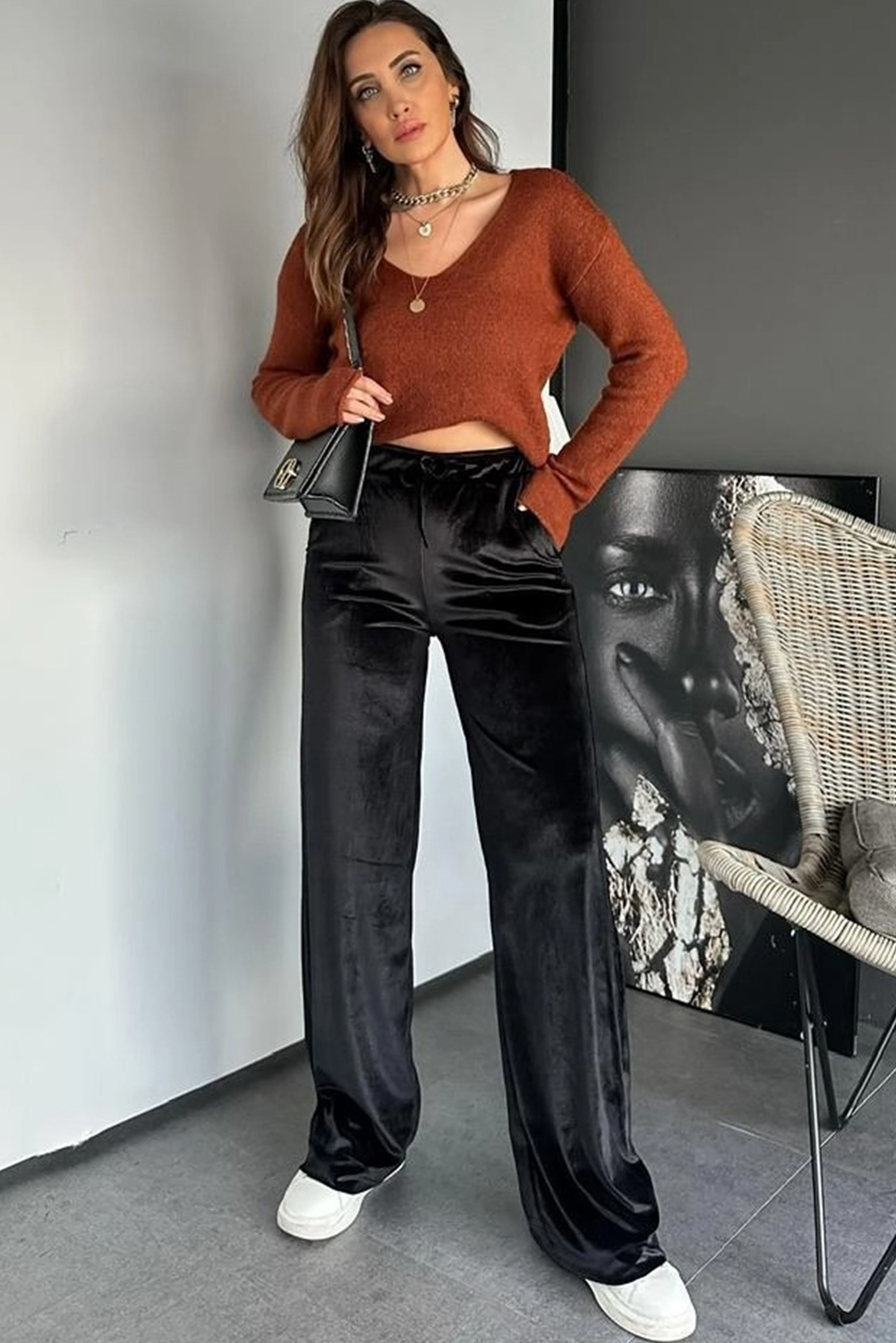 Black Shiny Velvet Drawstring High Waist Straight Leg Casual Pants view 4