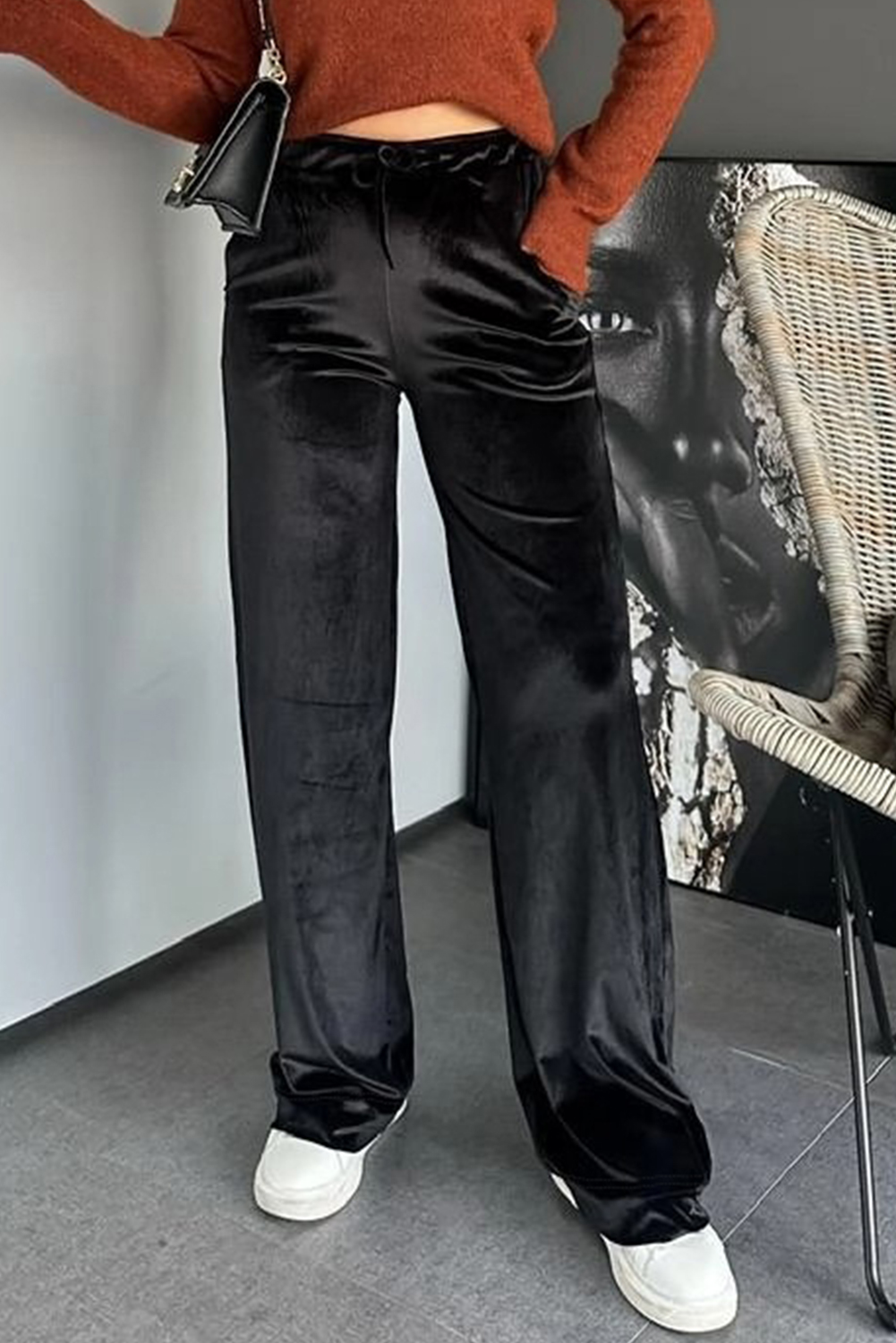 Black Shiny Velvet Drawstring High Waist Straight Leg Casual Pants view 2