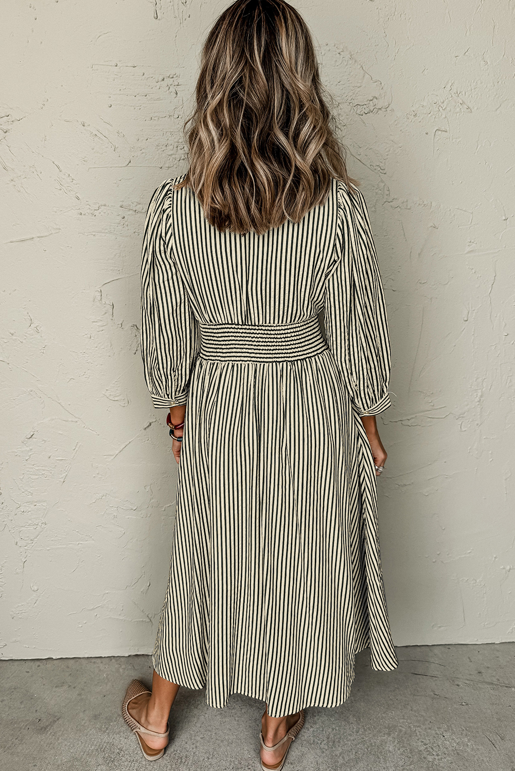 Black Stripe V Neck Zip Front Cinched High Waist Midi Dress view 8