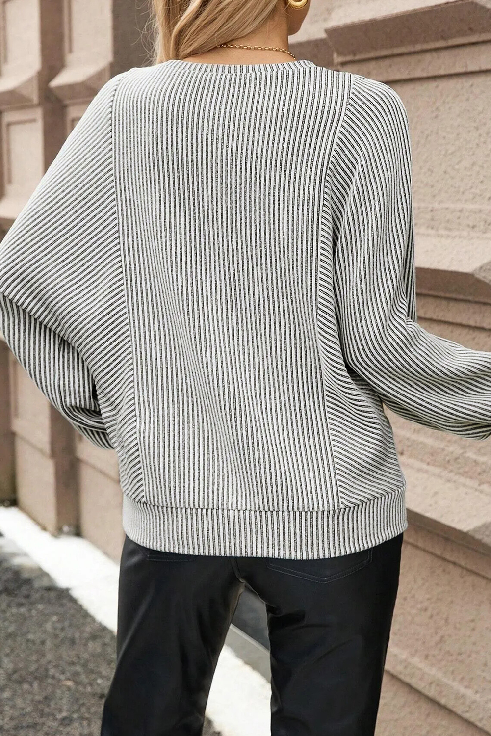 Gray Ribbed Knit Round Neck Long Lantern Sleeve Top view 2