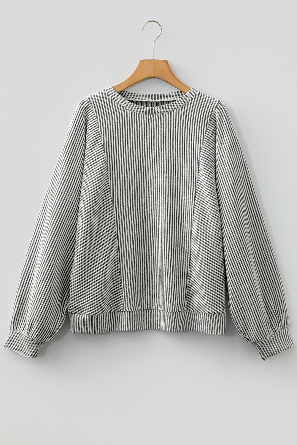 Gray Ribbed Knit Round Neck Long Lantern Sleeve Top view 7