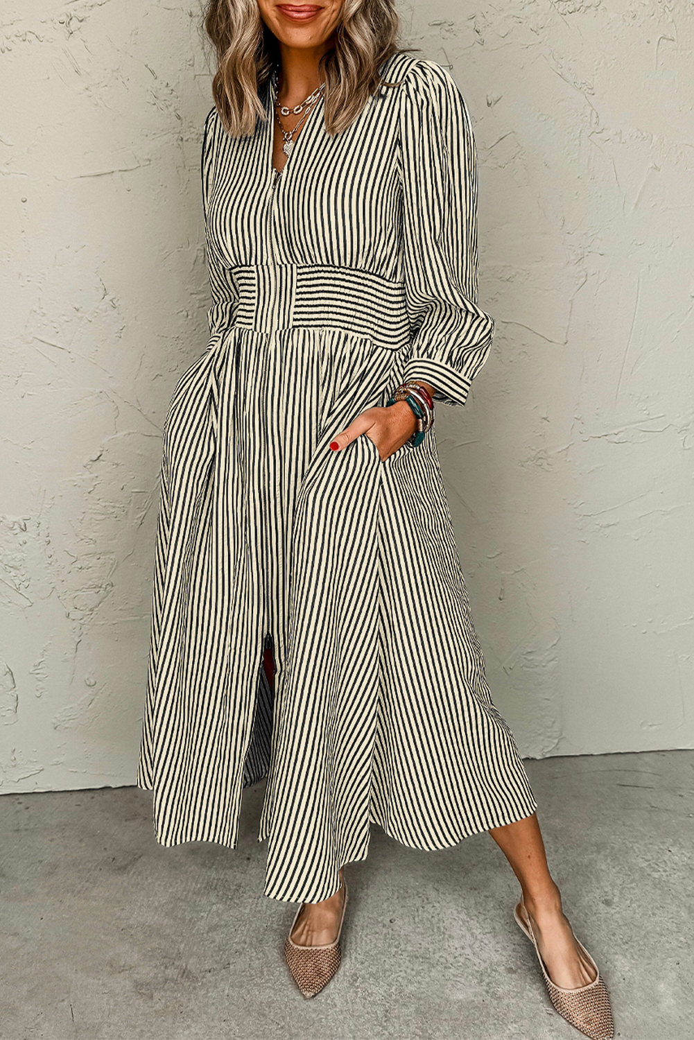 Black Stripe V Neck Zip Front Cinched High Waist Midi Dress view 7