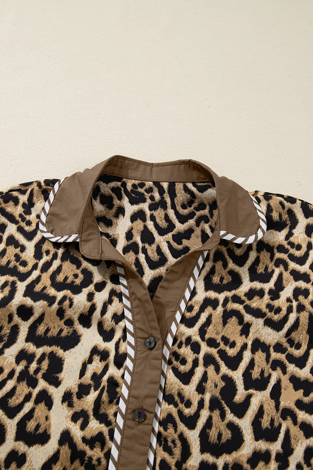 Brown Leopard Collared 3/4 Sleeve Shirt and Loose Pants Two Piece Outfit Set view 16