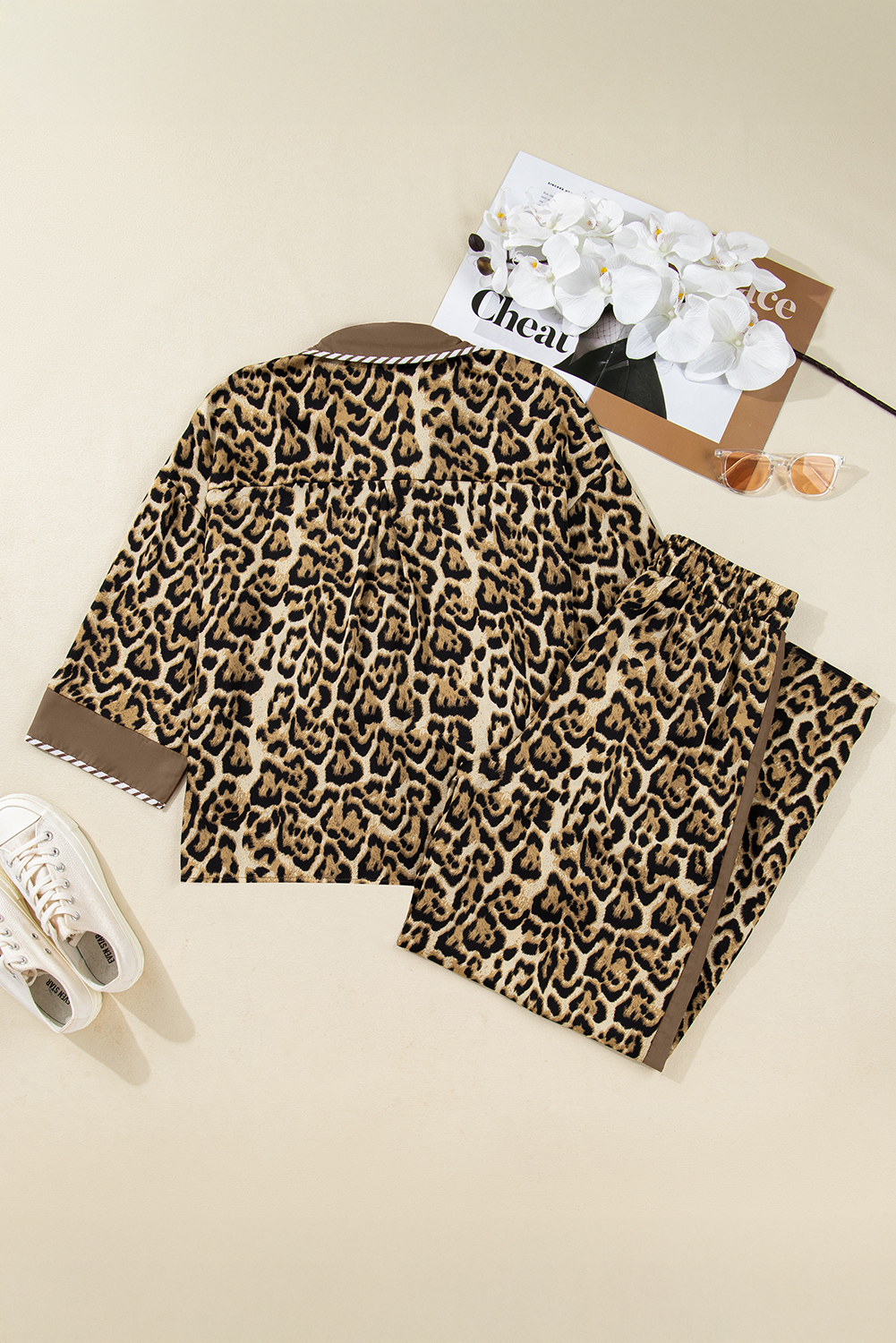 Brown Leopard Collared 3/4 Sleeve Shirt and Loose Pants Two Piece Outfit Set view 13