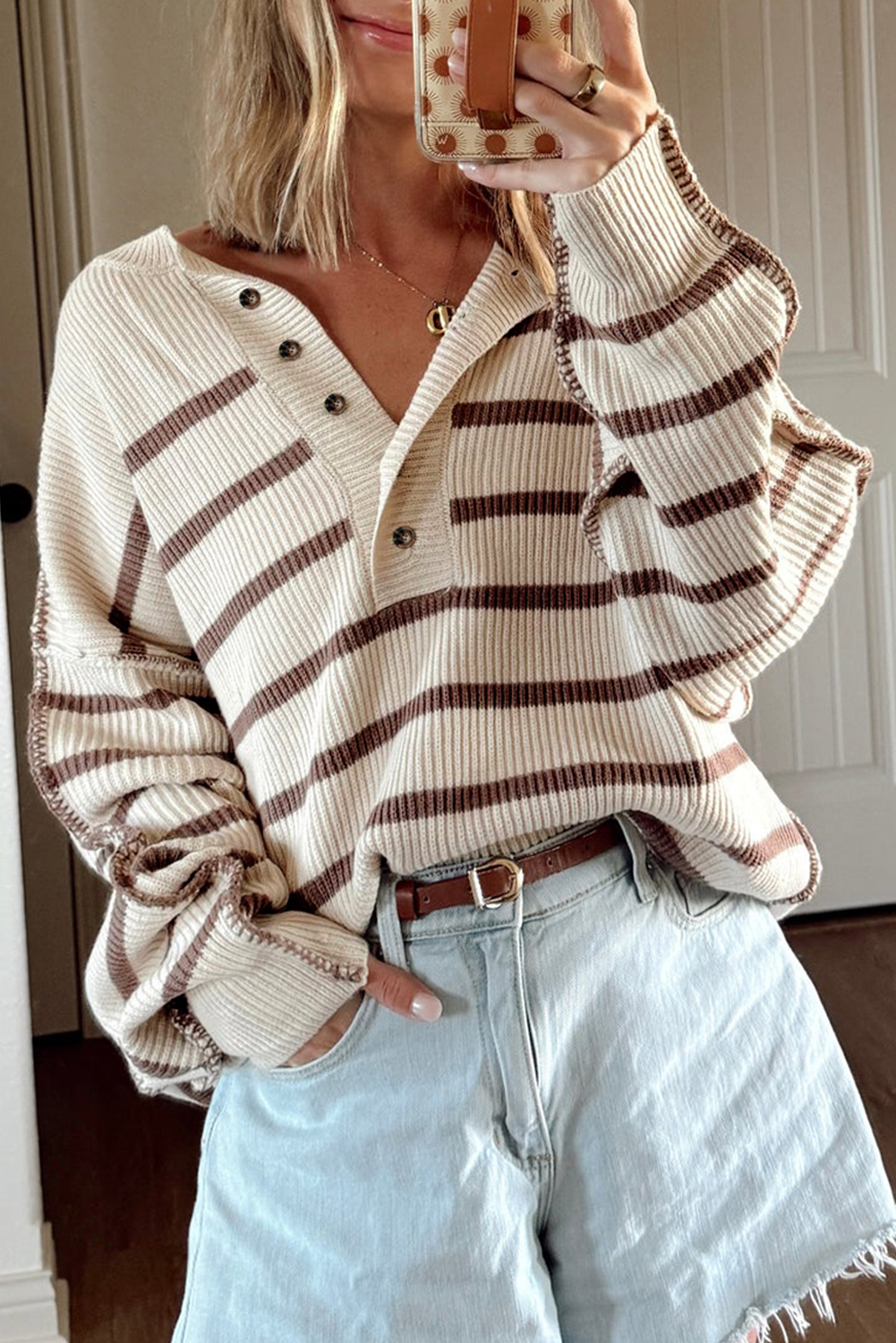 Brown Stripe Ribbed Henley Drop Shoulder Slouchy Sweater view 9