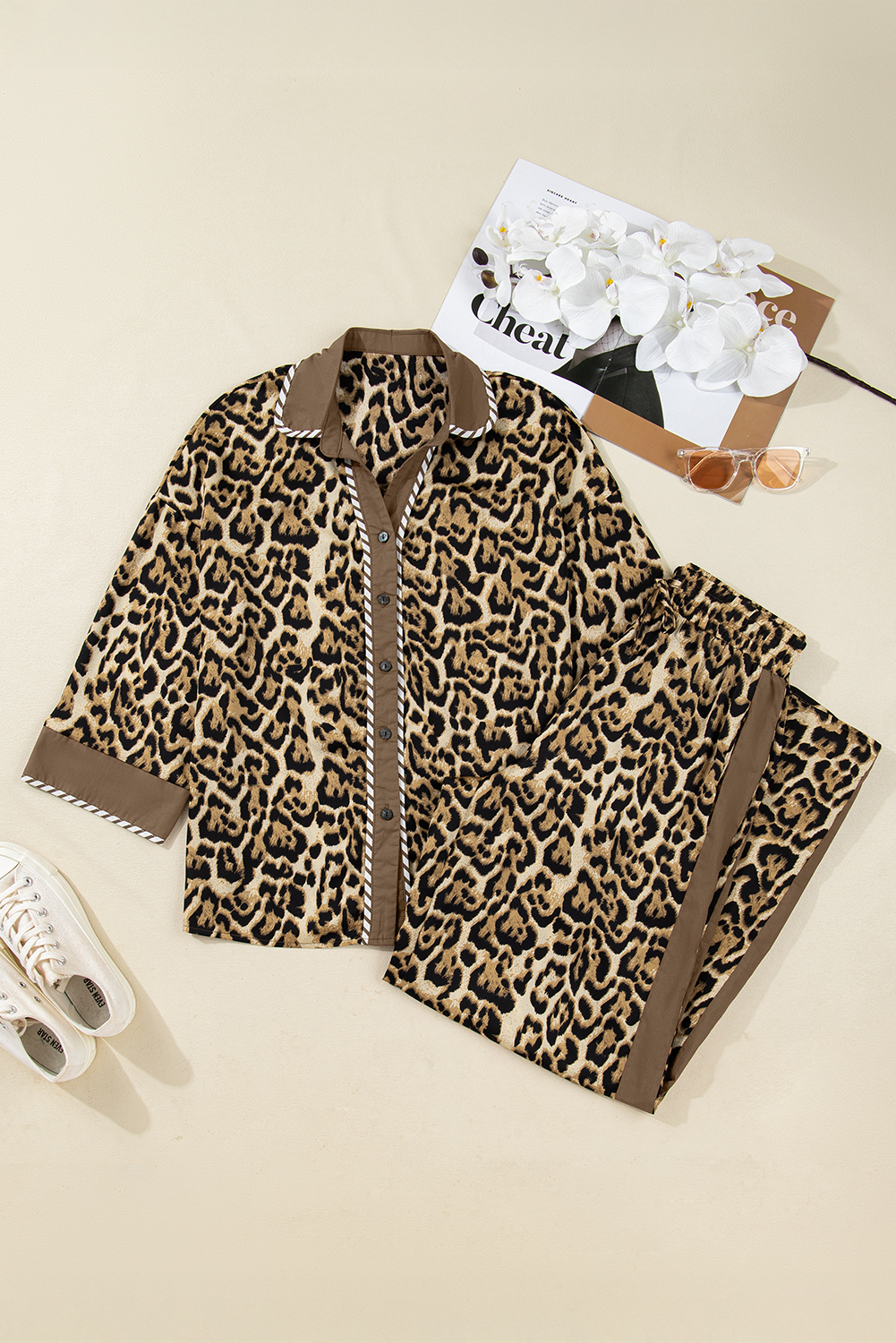 Brown Leopard Collared 3/4 Sleeve Shirt and Loose Pants Two Piece Outfit Set view 12