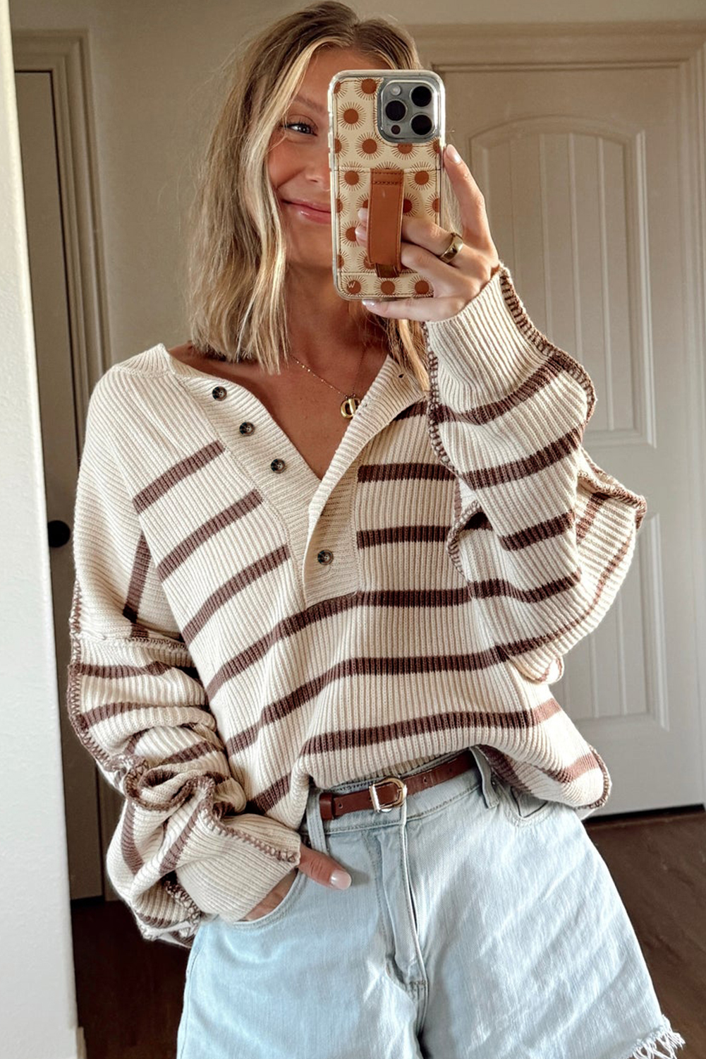 Brown Stripe Ribbed Henley Drop Shoulder Slouchy Sweater view 13
