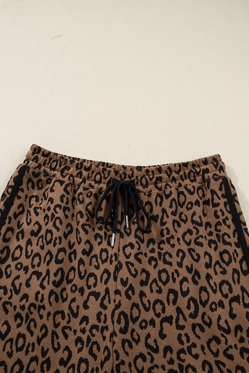 Brown Varsity Striped Trim Leopard Long Sleeve Top Drawstring Pant Set view 15