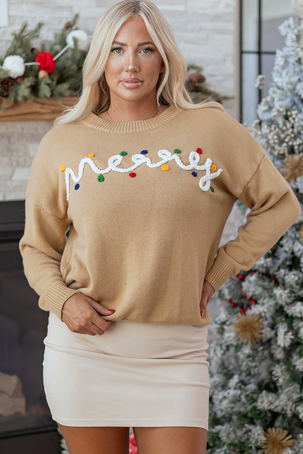 Smoke Gray Merry Colorful Dot Detail Christmas Drop Shoulder Sweater view 4