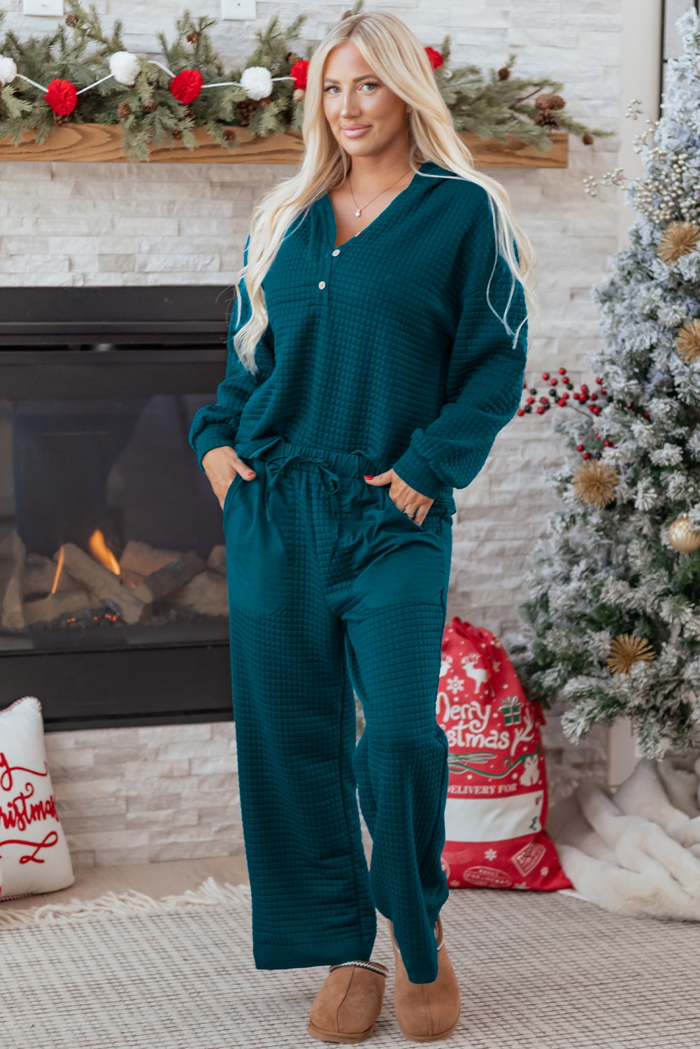 Skobeloff Waffled Textured Raw Edge Patchwork 2pcs Loose Pant Set view 7