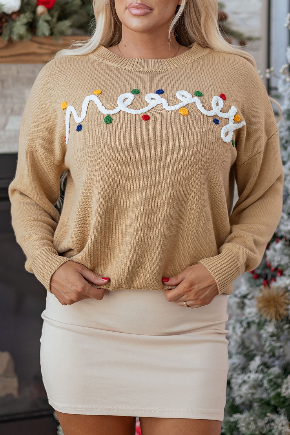 Smoke Gray Merry Colorful Dot Detail Christmas Drop Shoulder Sweater view 8