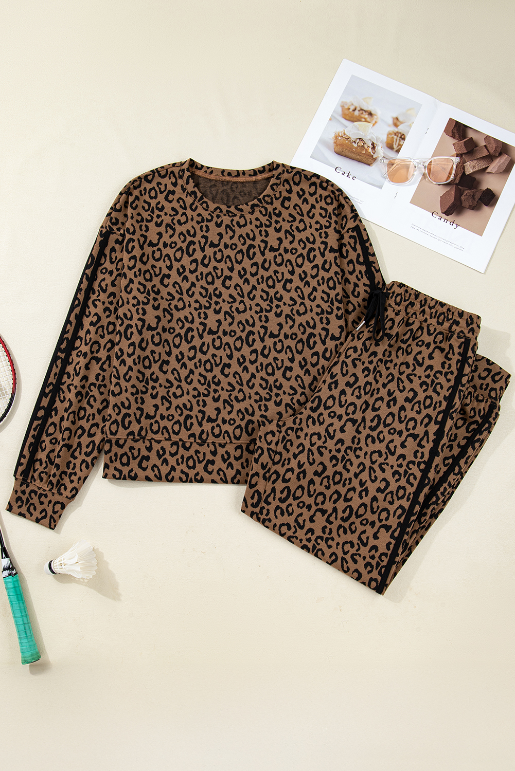 Brown Varsity Striped Trim Leopard Long Sleeve Top Drawstring Pant Set view 11