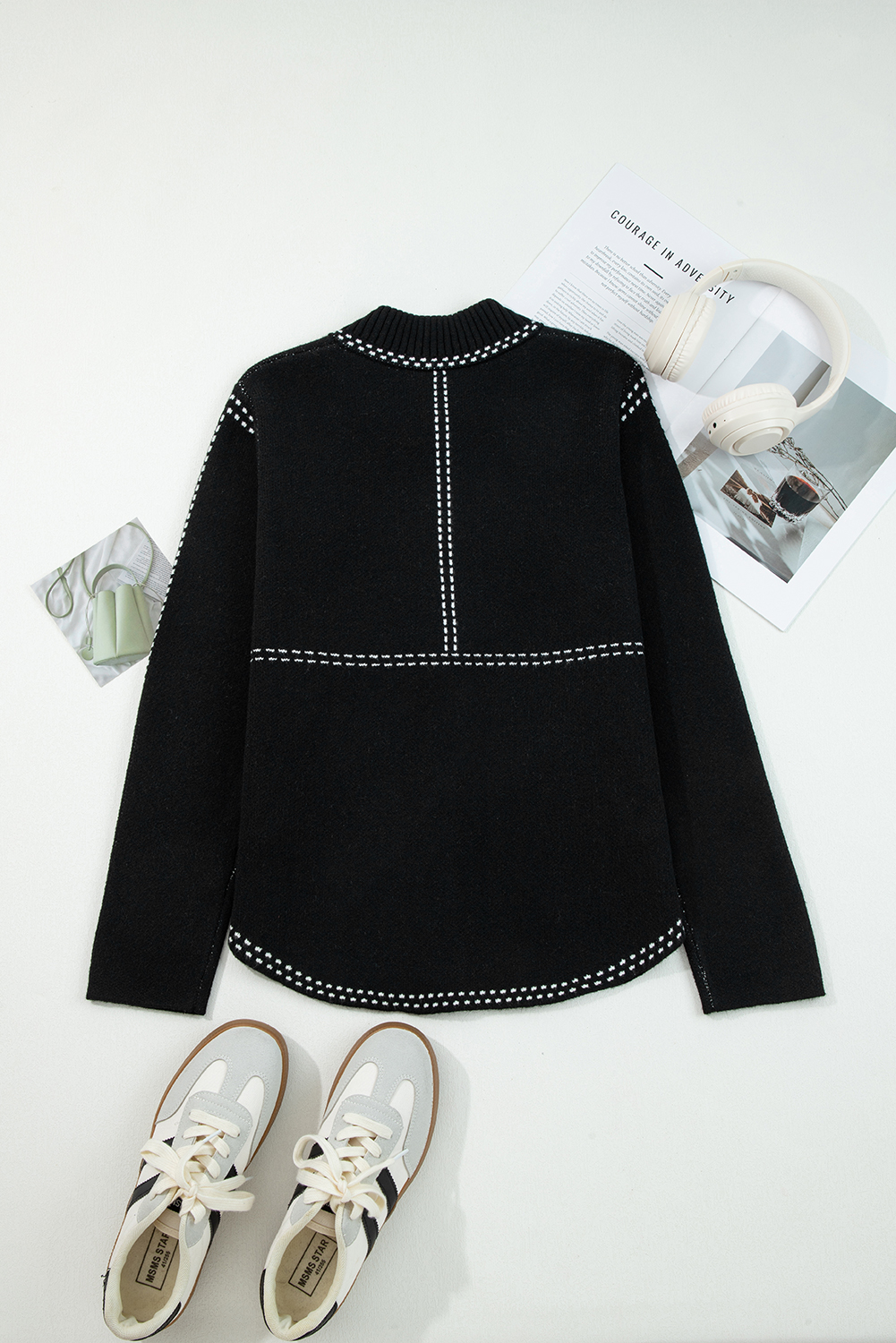 Black Contrast Trim Button up Sweater Cardigan view 5