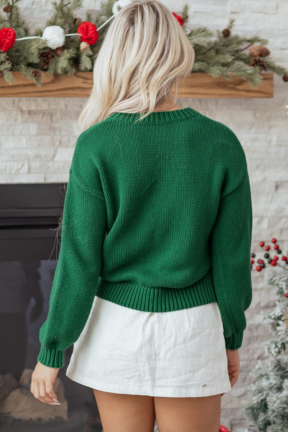 Evergreen Plaid Bow Graphic Christmas Sweater view 3