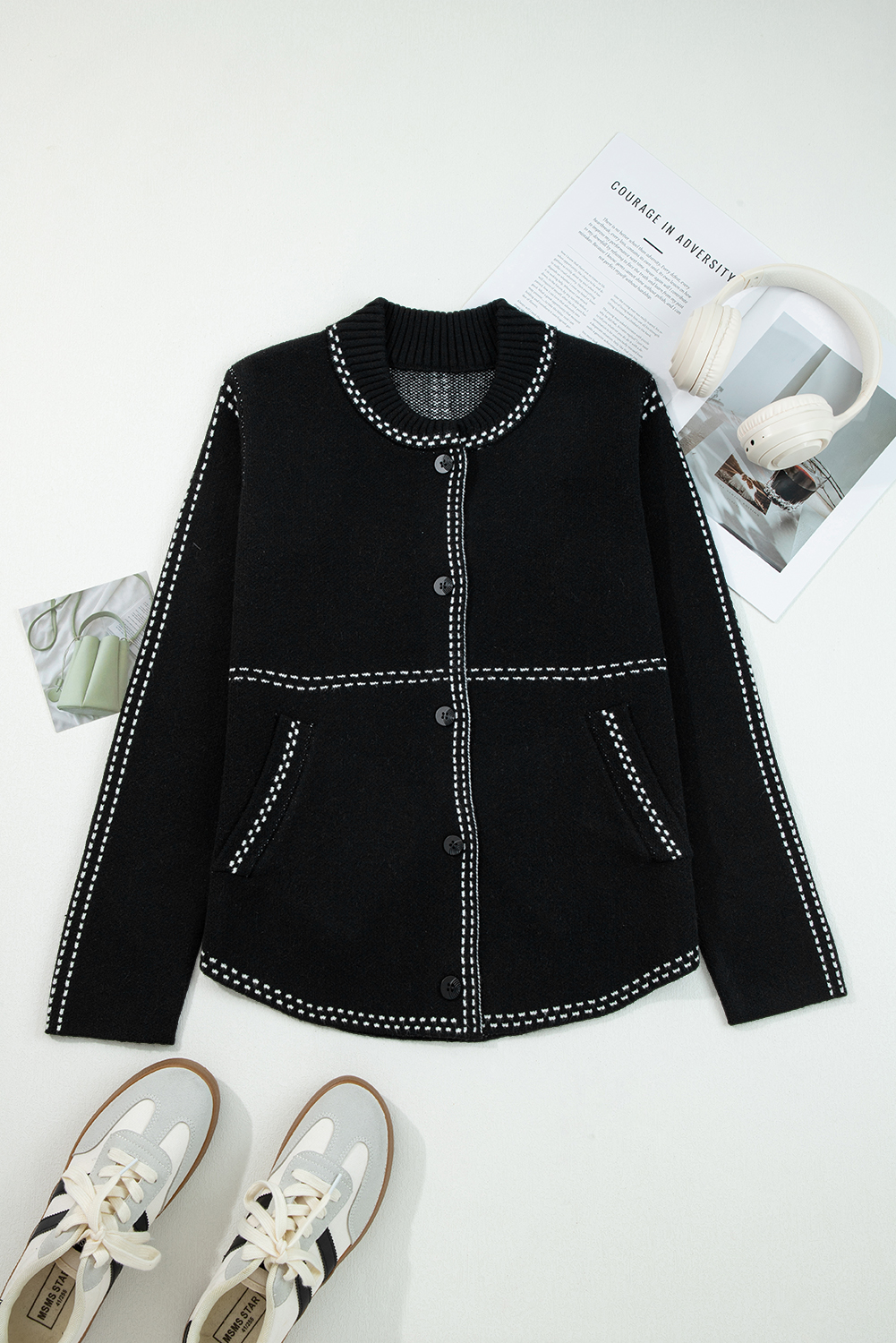 Black Contrast Trim Button up Sweater Cardigan view 4