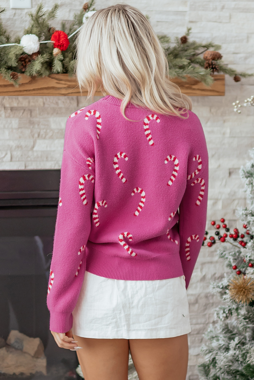 Sachet Pink Christmas Candy Cane Holiday Drop Shoulder Sweater view 3