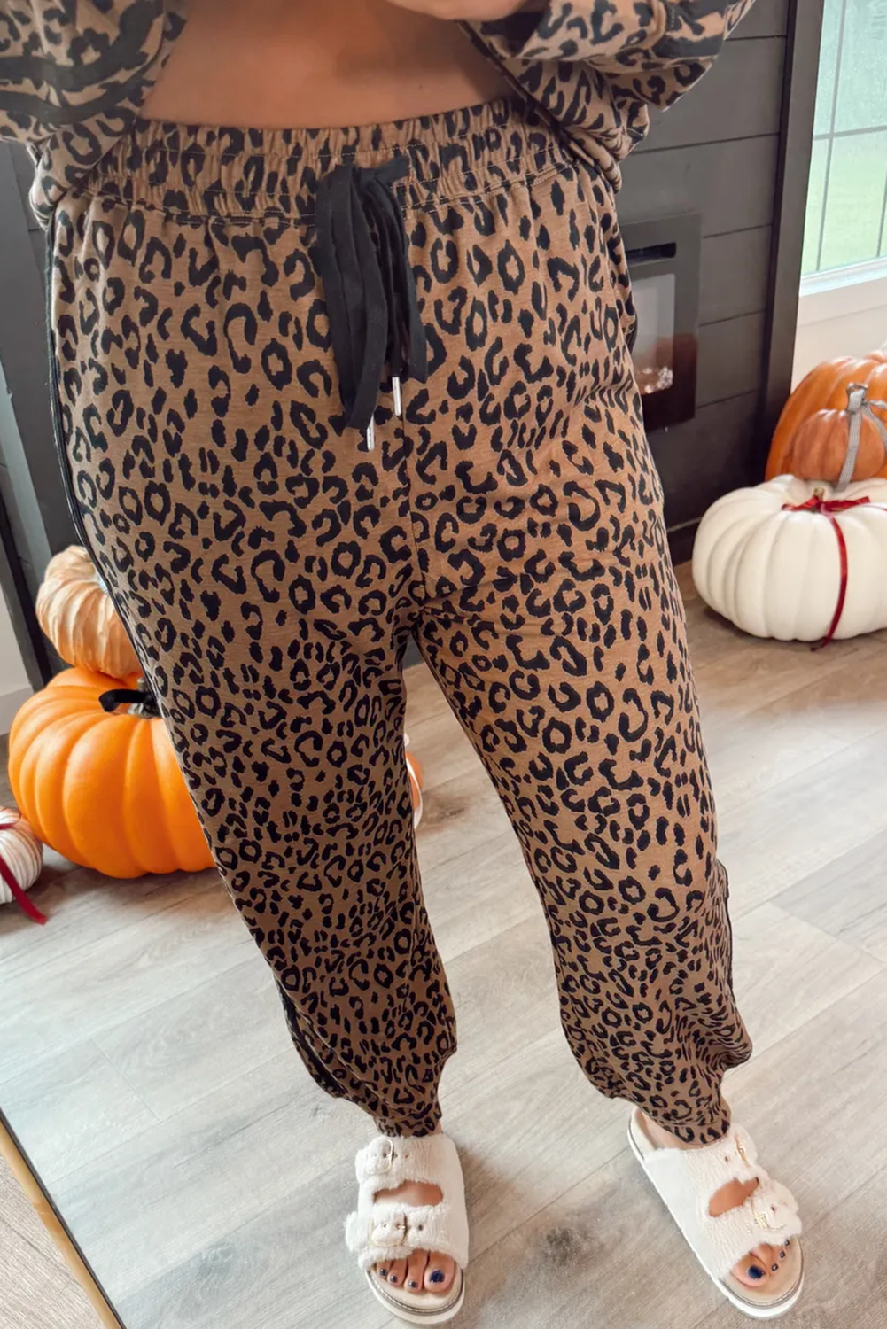 Brown Varsity Striped Trim Leopard Long Sleeve Top Drawstring Pant Set view 4