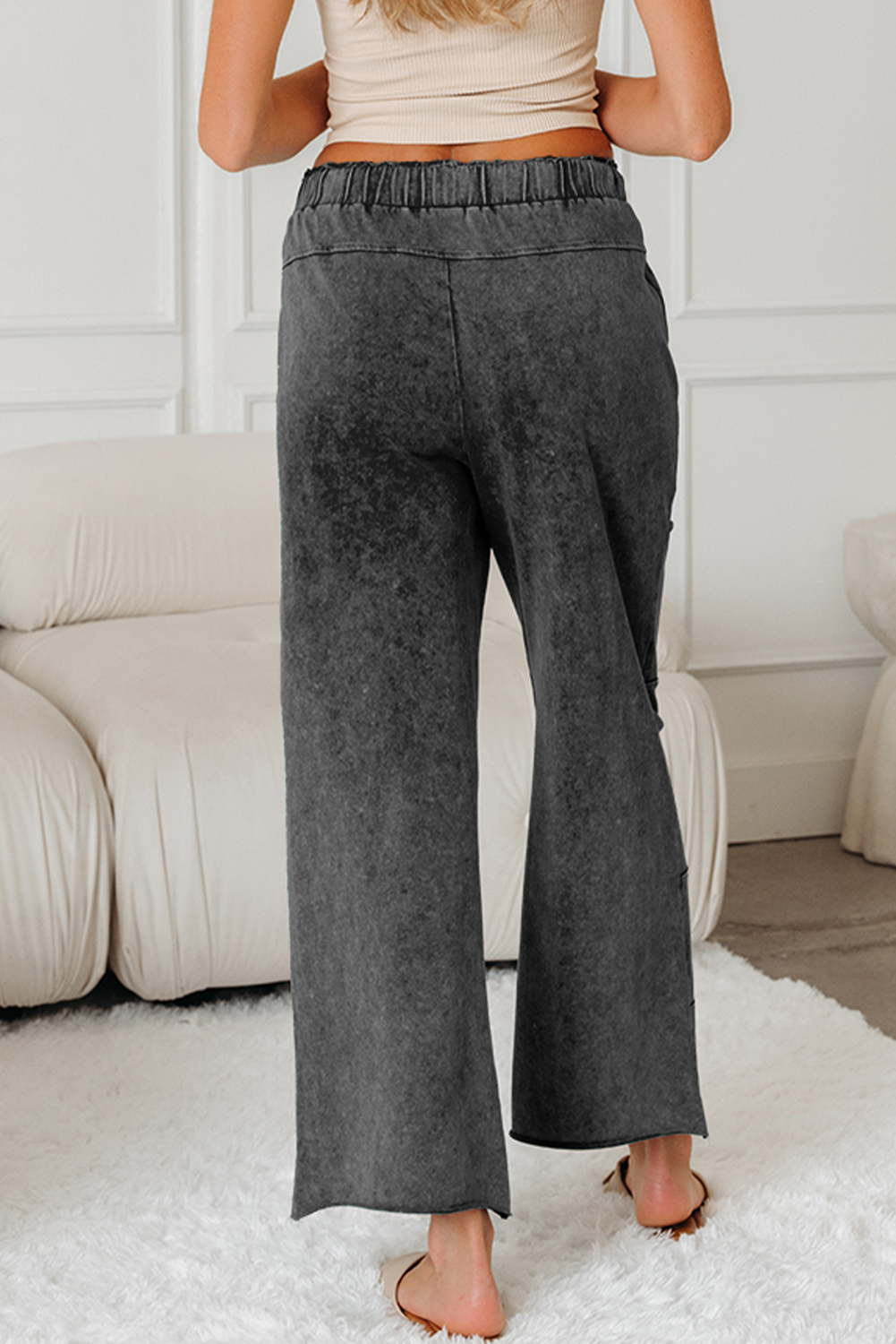Medium Grey Mineral Wash Lace-up High Waist Raw Hem Patched Pocket Pants view 2