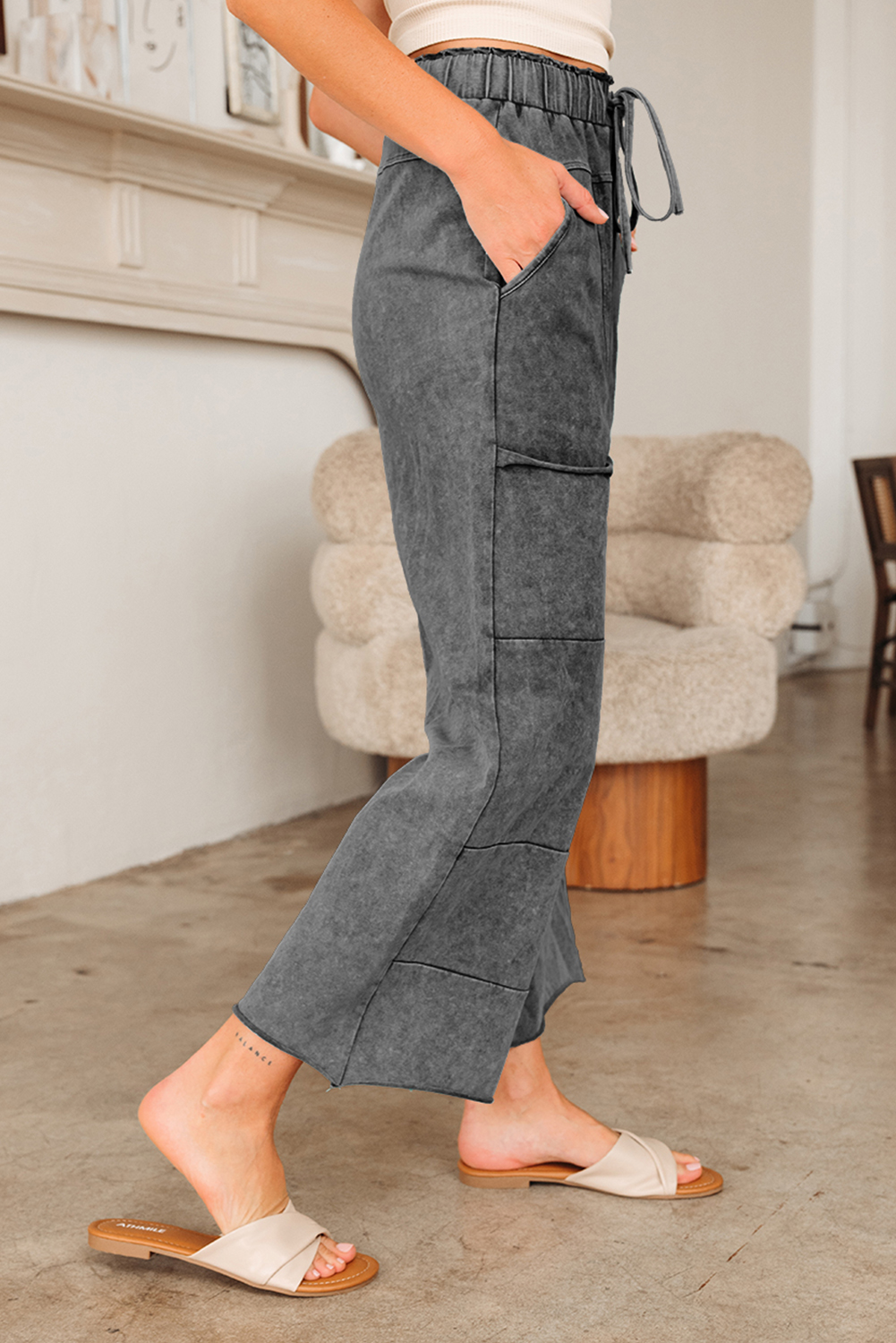 Medium Grey Mineral Wash Lace-up High Waist Raw Hem Patched Pocket Pants view 3
