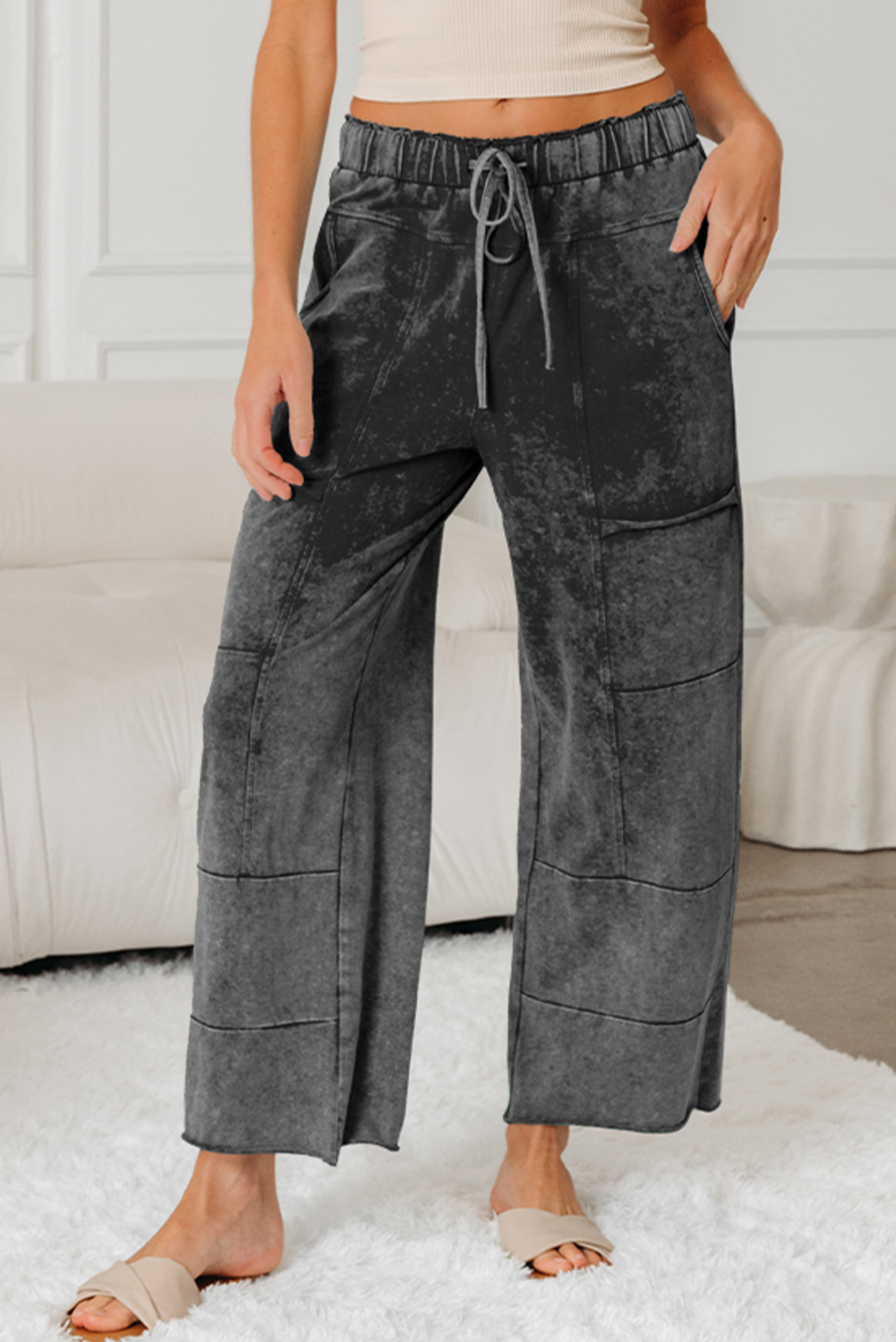 Medium Grey Mineral Wash Lace-up High Waist Raw Hem Patched Pocket Pants view 4